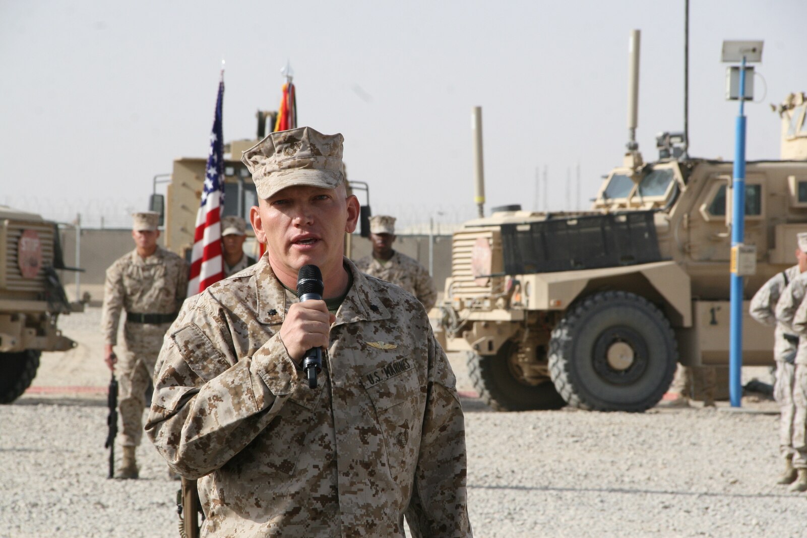 Lt. Col. Sid R. Welch, commanding officer, Combat Logistics Battalion 7, addresses guests during a transfer of authority ceremony held aboard Camp Leatherneck, Helmand province, Afghanistan, Aug. 1, 2014. Combat Logistics Battalion 7 was replaced by CLB-1 as the last unit to aid Regional Command (Southwest) with tactical-level logistical support. Combat Logistics Battalion 1 will close out another chapter in Marine Corps history as the last unit to serve as the logistics combat element for RC(SW).