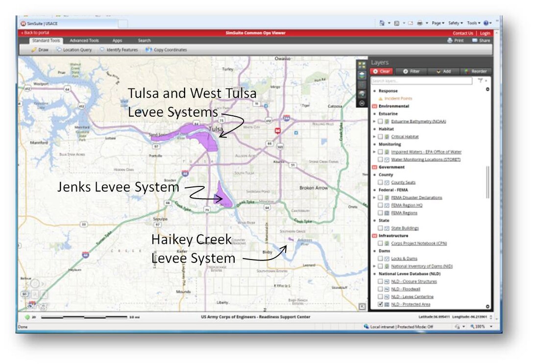 This is a SimSuite tool developed by the Institute for Water Resources showing high risk levee populations in Tulsa, Okla. The mapping tool helps local communities facilitate the development of flood reduction measures.