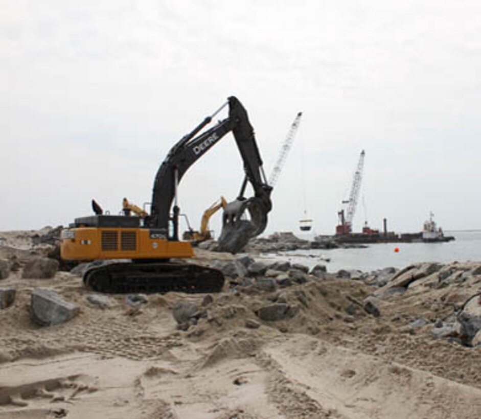The U.S. Army Corps of Engineers' Philadelphia District and its contractor Agate Construction Company make repairs along a section of the Barnegat Inlet North Jetty from damages sustained during Hurricane Sandy. The $7.6 million project began in the spring of 2014 and is expected to be complete in the fall of 2014. 