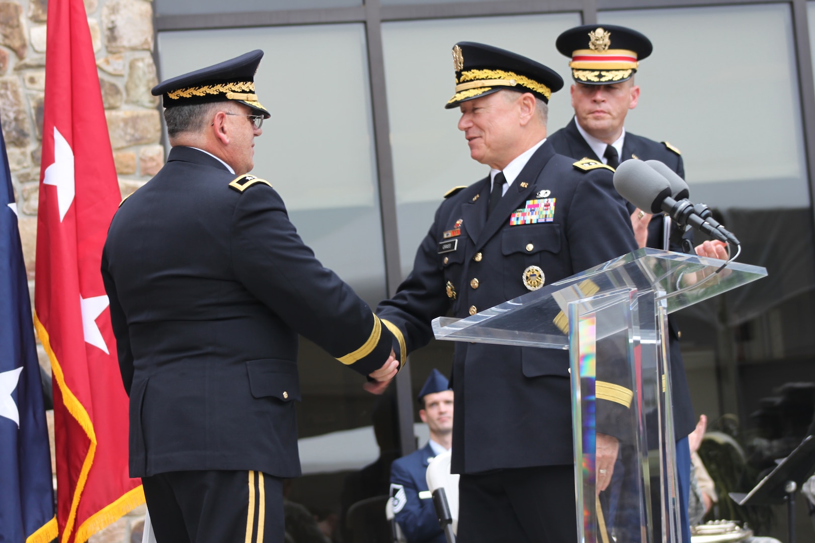 National Guard Bureau Chief, Gen. Frank Grass, was on hand to help officially open the Guard’s newest Armed Forces Reserve Center on Aug. 1, 2014 in New Castle, Del.  He is greeted by Maj. Gen. Frank Vavala, Delaware's adjutant general.