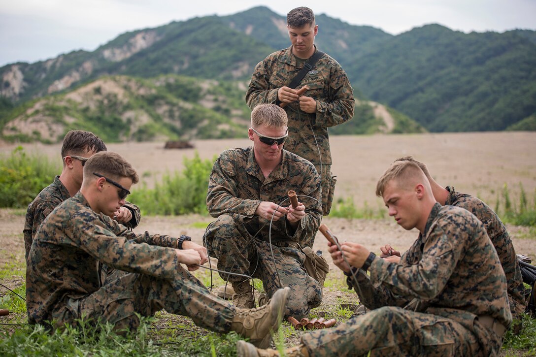 Marines and sailors lace detonation cord through ready-made holes in dynamite July 23 at Susungri Range, Pohang, Republic of Korea, as part of Korean Marine Exchange Program 14-12. During demolitions training, ROK and U.S. Marines followed all safety procedures while testing fuses and handling explosives. KMEP is a regularly scheduled bilateral training exercise between the ROK and U.S. Marine Corps forces held in accordance with the ROK-U.S. Mutual Defense Treaty, which was signed by the two nations in 1953.  The Marines and sailors are with Combat Assault Battalion, 3rd Marine Division, III Marine Expeditionary Force. (U.S. Marine Corps photo by Lance Cpl. Diamond N. Peden/Released)