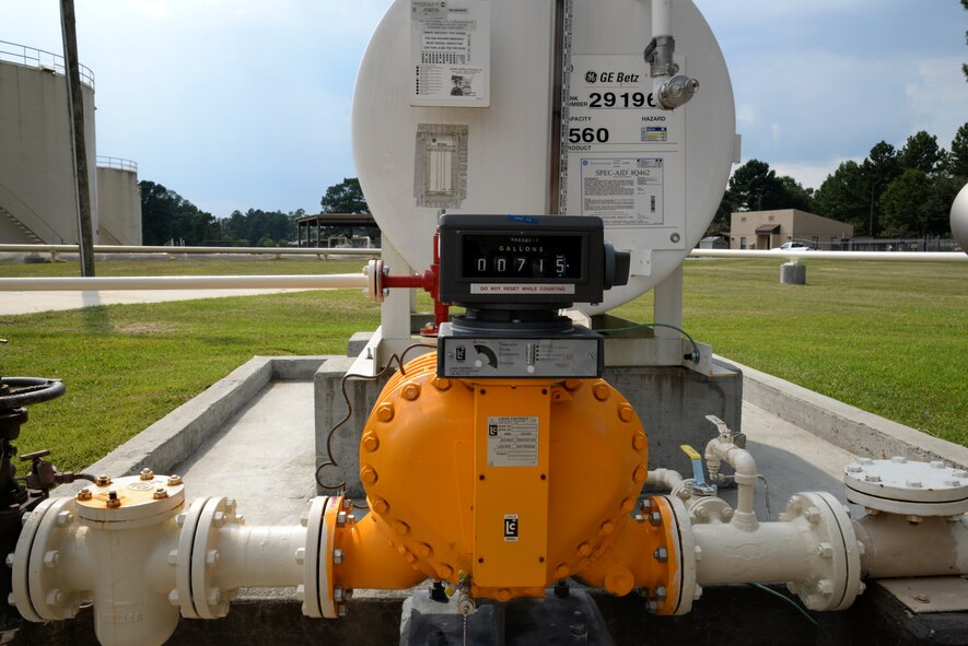 A meter shows the amount of fuel being pumped into a truck after refueling aircraft August 1, 2014, at Moody Air Force Base, Ga.  The 23d Logistics Readiness Squadron petroleum, oil and lubricants flight distributes thousands of gallons of fuel daily to support Moody’s various operations. (U.S. Air Force photo by Staff Sgt. Eric Summers Jr./Released)