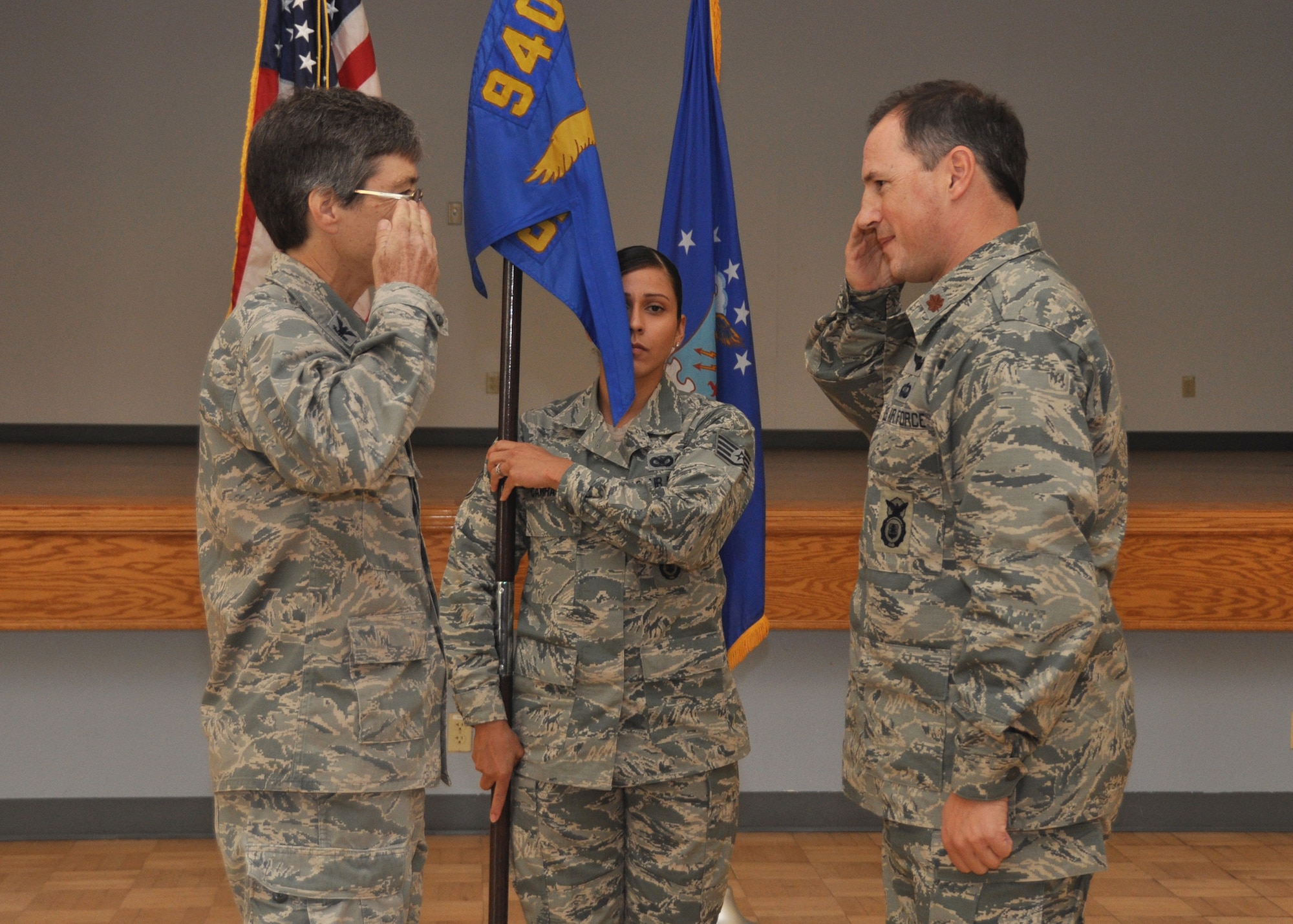 Maj. Eric Van Balen salutes Col. Patricia Brewer, 940th Mission Support Group commander and presiding official, after assuming command of the 940th Security Forces Squadron, Aug 2, Beale Air Force Base, California. The 940th SFS mission is to provide the U.S. Air Force Reserve with well-trained and equipped SFS team members to protect vital personnel, resources, and weapons systems around the globe at anytime. (U.S. Air Force photo by Tech. Sgt. Heather Skinkle/released)  