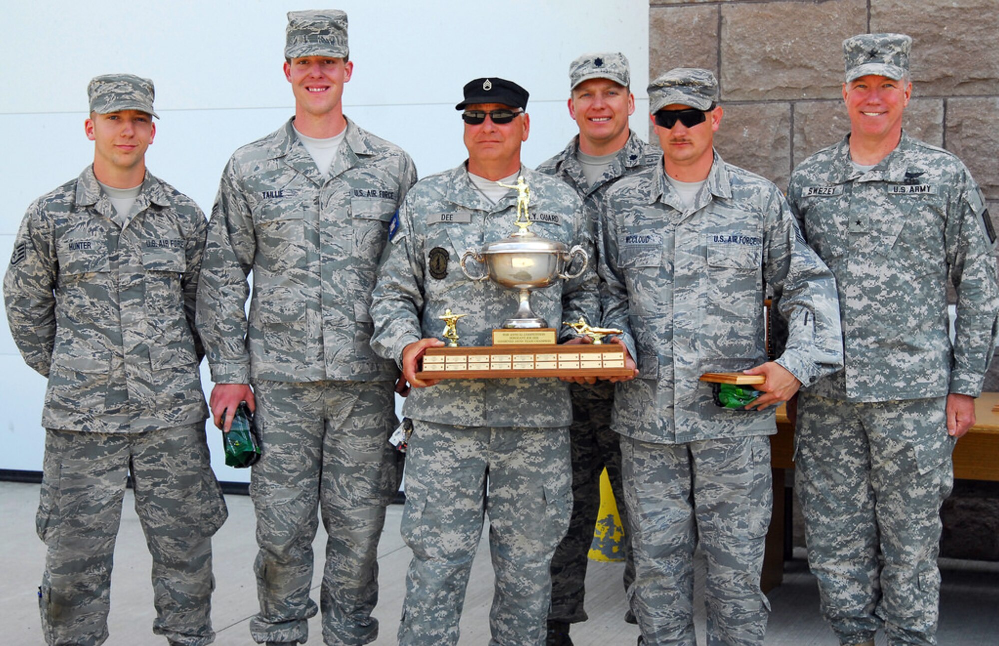 Members of the 174th ATKW Shooting Team pose after finishing second place in the 35th Annual Combat Sustainment Training "Tag Match" Exercise. The event consisted of 14 registered teams and lasted two days (Courtesy Air Force Photo)