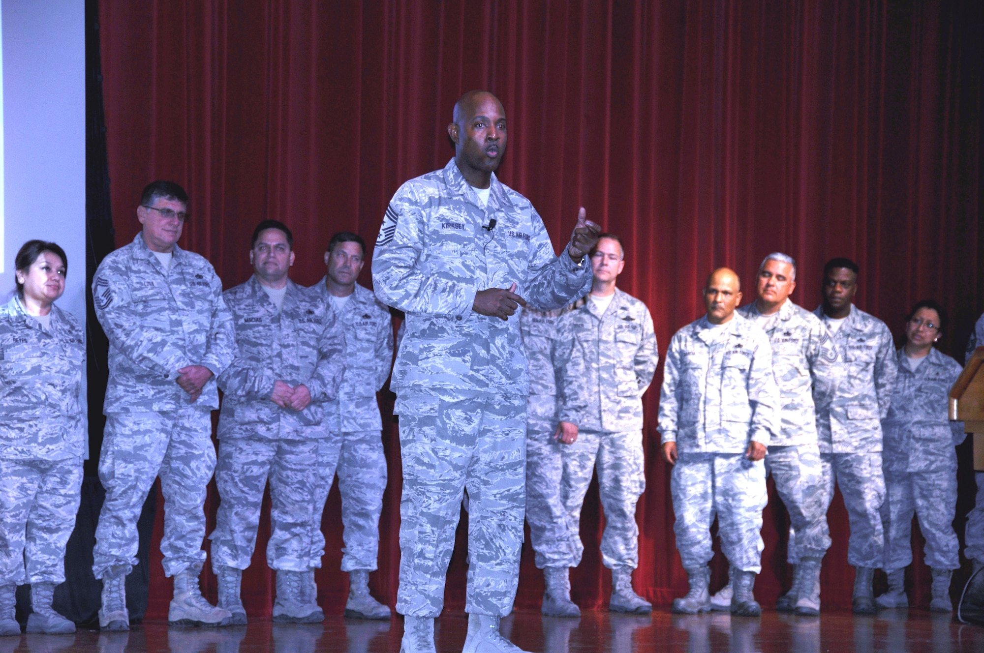 Saturday of the Chief’s visit, Aug. 2, 2014 and the culmination of his tour was a wing enlisted call. Just before the question and answer session, Kirksey brought up on stage, the Wing’s Chief Master Sergeants and First Sergeants on stage to identify them to the assembled Airmen. He also cited them as professional role models for the enlisted corps. (U.S. Air Force photo by Tech. Sgt. Carlos J. Trevino)