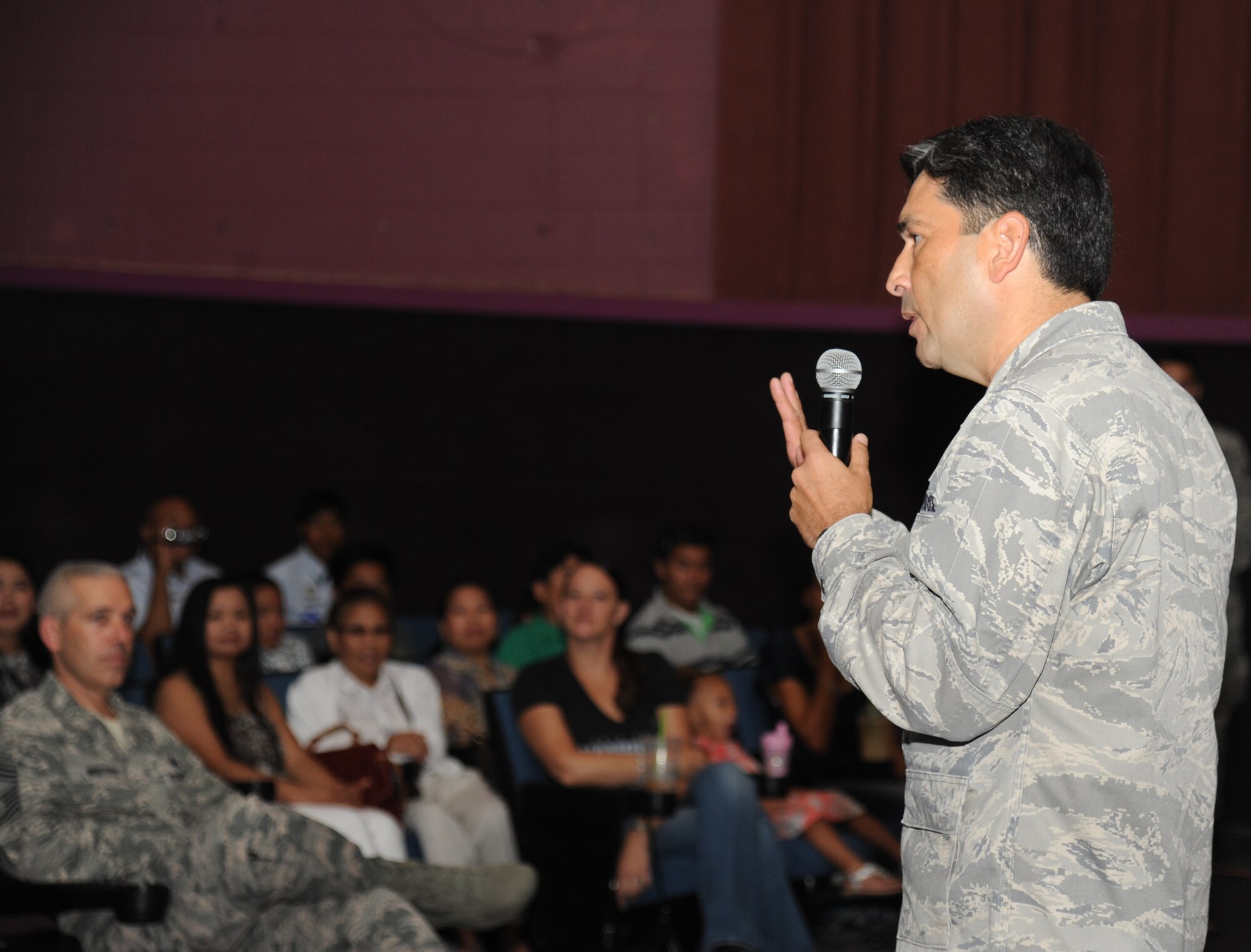Col. René Romero, 81st Training Wing vice commander, speaks to JROTC cadets during a graduation ceremony Aug. 1, 2014, at the Welch Theater, Keesler Air Force Base, Miss.  Approximately 100 JROTC students from seven states attended a week-long JROTC Summer Leadership School at Keesler that ended with a parade and a graduation ceremony at the Welch Theater. (U.S. Air Force photo by Kemberly Groue)