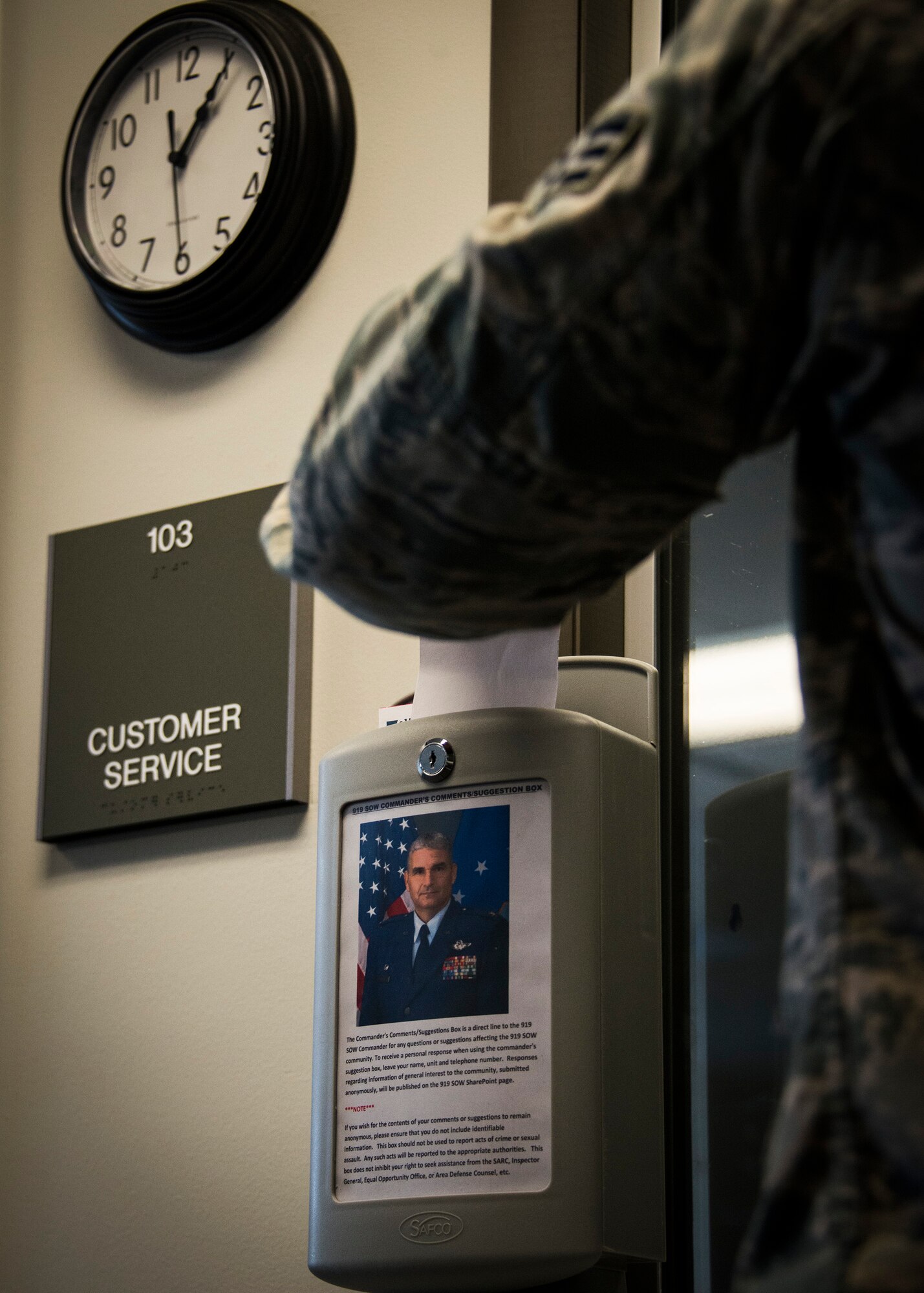 Col. James Phillips, 919th Special Operating Wing commander, has a direct line made available to all personnel through the use of suggestion boxes placed throughout the base such as the dining facility, gym, and customer service.  To receive a personal response when using the commander's suggestion box, leave your name, unit, and telephone number.  Responses regarding information of general interest to the community, submited anonymously, will be published on the 919th SOW SharePoint page. (U.S. Air Force photo/Tech. Sgt. Jasmin Taylor)