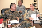 Brig. Gen. Armando Mejia (left), the Salvadoran army commander and head of the Salvadoran delegation, shares a laugh with Maj. Gen. Joseph P. Disalvo (right), the U.S. Army South commanding general and head of the U.S. delegation, while Maj. Sergio Trejo (center), the Army South Central American desk officer, translates during the U.S. Army South/Salvadoran Army-to-army staff talks July 15 at the Army South headquarters on Joint Base San Antonio-Fort Sam Houston

Photo by Eric Lucero