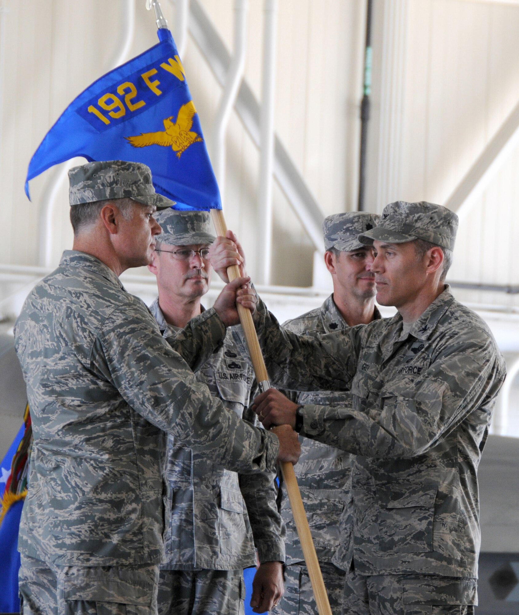 U.S. Air Force Col. Robert J. Grey was welcomed as the commander of the 192nd Fighter Wing, during a change of command ceremony held July 13, 2014 at Joint Base Langley-Eustis. Grey assumed command of the 192nd Fighter Wing effective May 29, 2014. (U.S. Air National Guard photo by Master Sgt. Carlos Claudio/Released)