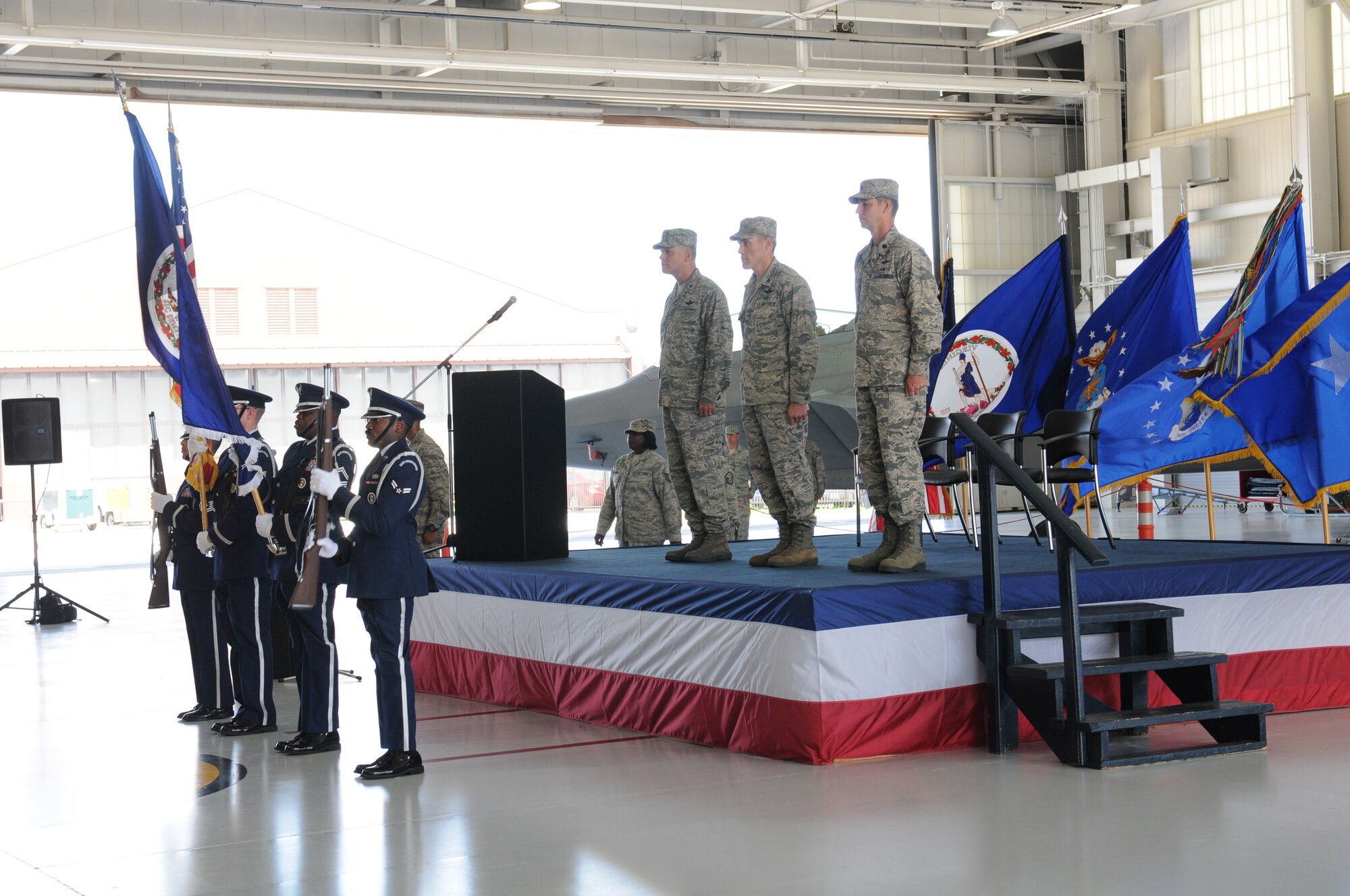 U.S. Air Force Col. Robert J. Grey was welcomed as the commander of the 192nd Fighter Wing, during a change of command ceremony held July 13, 2014 at Joint Base Langley-Eustis. Grey assumed command of the 192nd Fighter Wing effective May 29, 2014. (U.S. Air National Guard photo by Tech. Sgt. Meghan Skrepenski/Released)
