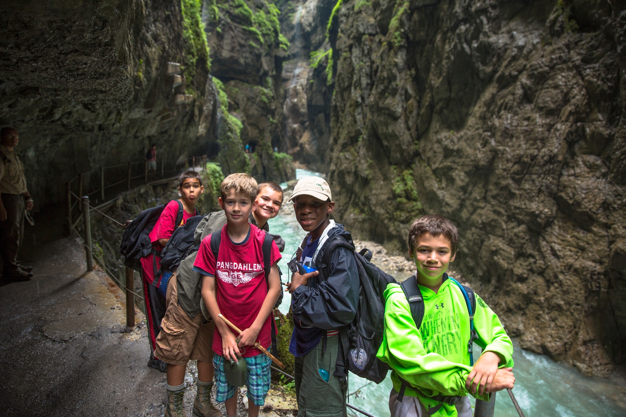 Evan Karrs, Gregory Lunn, Nick Repak, Holden McGrew and Craig Lillman, members of Boy Scout Troop 165 from Spangdahlem Air Base, Germany, pose for a photo while hiking through the Garmisch-Partenkirchen Gorge during a weeklong summer camp, July 24, 2014, near Garmisch, Germany.  The camp served as way for kids from Frankfurt, Ramstein, Naples, Netherlands, Belgium and the U.S. to attend the camp and interact with each other. (Courtesy Photo)