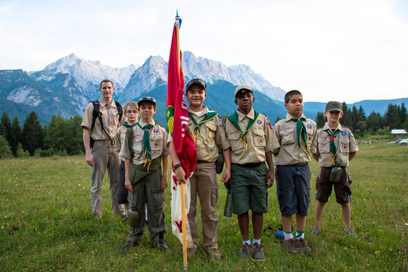 From right to left- Nick Repak, Craig Lillman, Gregory Lunn, Holden McGrew, Evan Karrs, Paul Baker and Aaron Anthony, scoutmaster of Boy Scout Troop 165, pose for a group photo during a weeklong summer camp July 19, 2014, near Garmisch, Germany.  The Boy Scout Troop 165 from Spangdahlem Air Base, Germany, attended a weeklong camp, earning 14 merit badges and 70 requirements for rank advancement. (Courtesy Photo/Released)