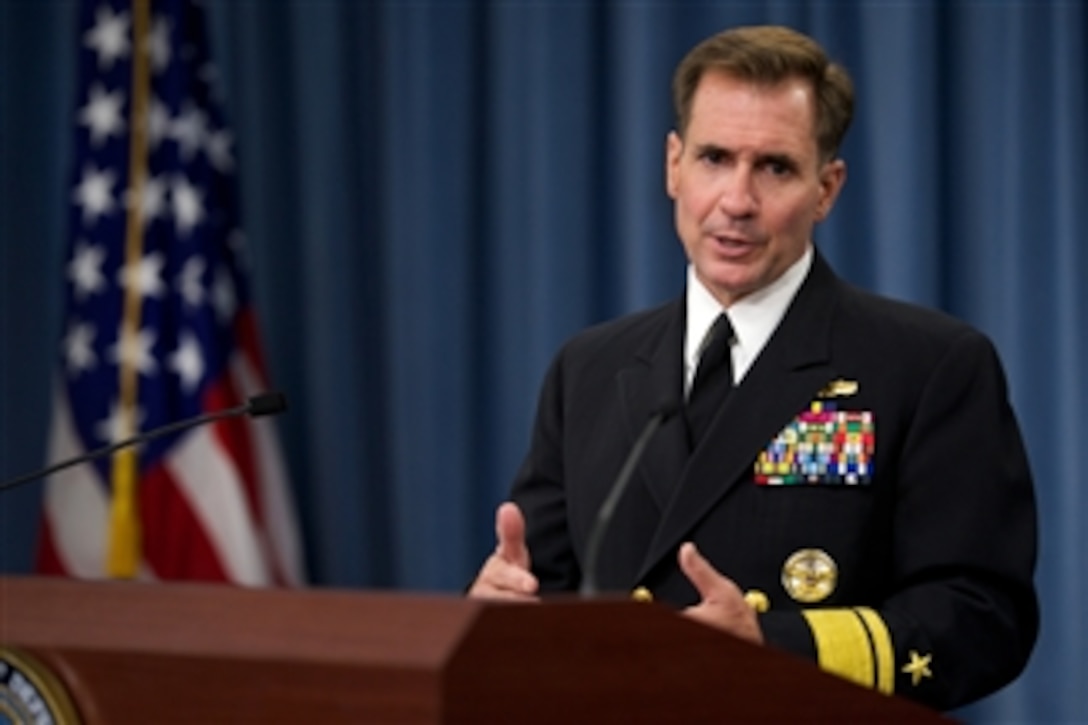 Pentagon Press Secretary Navy Rear Adm. John Kirby briefs reporters at the Pentagon, Aug. 5, 2014.  