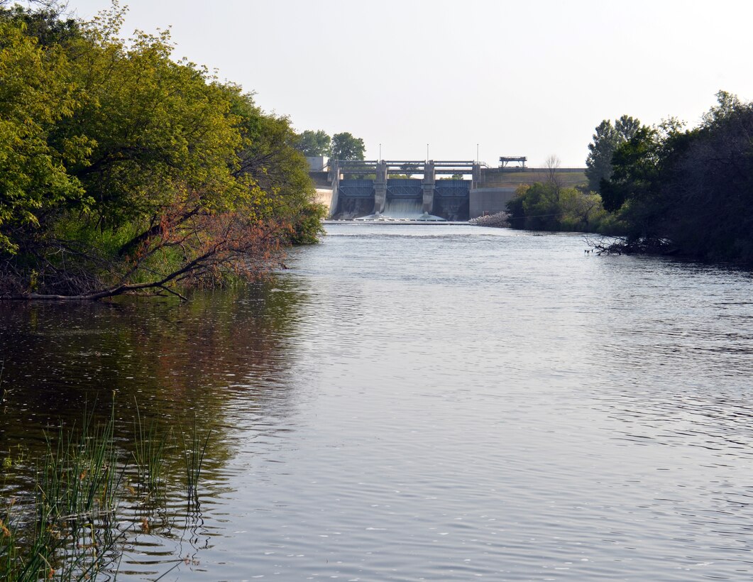 VALLEY CITY, N.D. -- Water flows through the U.S. Army Corps of Engineers, St. Paul District's Baldhill Dam, near Valley City, N.D., July 31.  