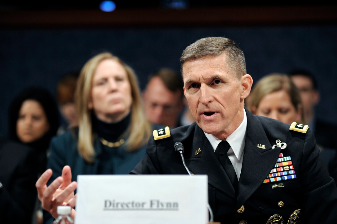 U.S. Army Lt. Gen. Michael Flynn, director of the Defense Intelligence Agency, testifies before a congressional hearing in Washington D.C. on Feb. 4, 2014. The hearing is open and gives directors within the intelligence community a public, unclassified forum to address a number of issues.