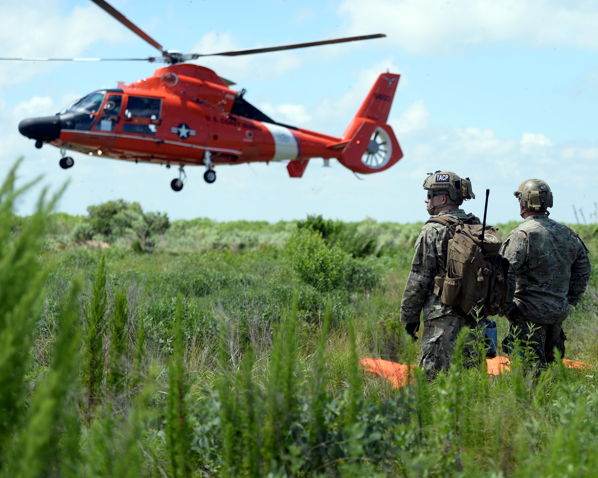 Tactical Air Control Party members with the 147th Air Support Operations Squadron; 147th Reconnaissance Wing, observe a U.S. Coast Guard MH-65 Dauphin land in a landing zone they established during a domestic response resupply exercise June 7, 2014, at Galveston State Park. With the 2014 hurricane season underway, the training allowed the TACPs to exercise response efforts with the Coast Guard members, performing helicopter landing zone operations, aerial resupply and sling load operations.