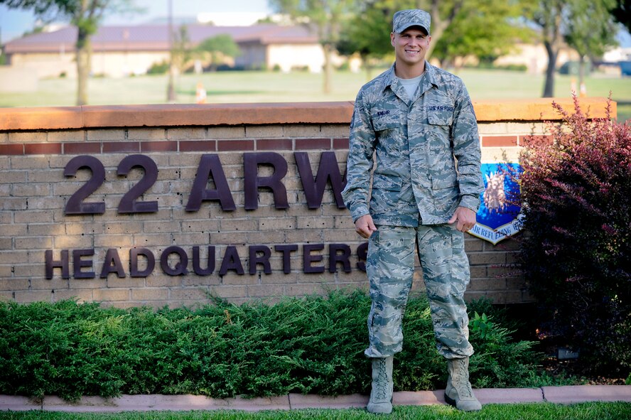 Staff Sgt. Bryan Knehr, 22nd Air Refueling Wing senior controller, stands in front of the 22nd ARW headquarters building, Aug. 5, 2013, at McConnell Air Force Base, Kan. He was recognized as the Air Force’s 2013 Command Post Airman of the Year. (U.S. Air Force photo/Airman 1st Class John Linzmeier)