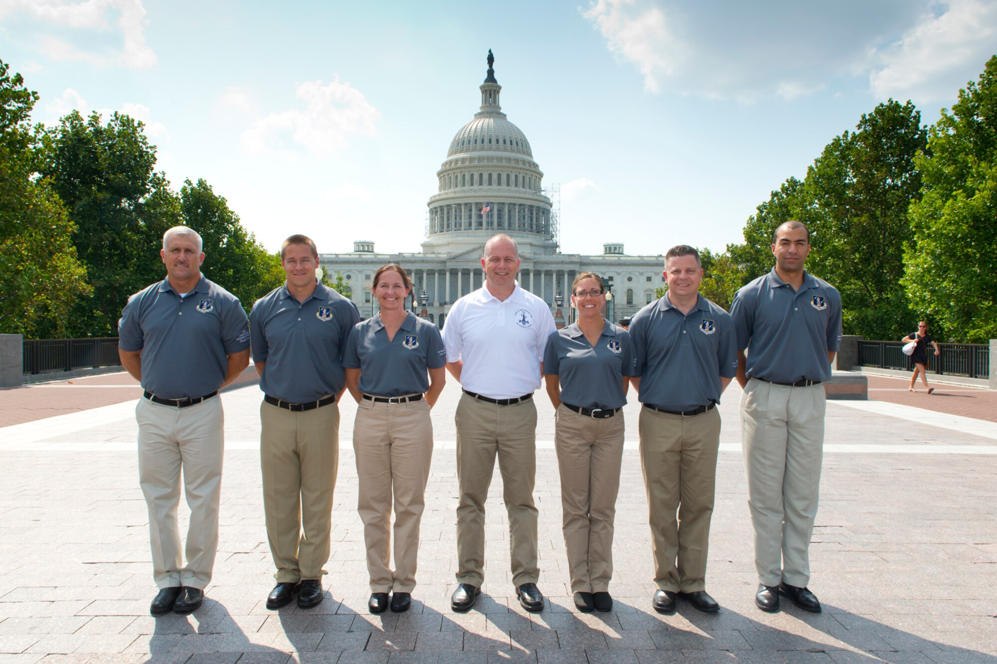 Chief Master Sgt. James W. Hotaling, the command chief master sergeant of the Air National Guard (center) poses for a photo with the ANG Outstanding Airmen of the Year at the U.S. Capitol, Washington, D.C., August 5, 2014. The OAY are: (left to right) Master Sgt. David Coker, Honor Guard Program Manager of the Year, Tech. Sgt. Doug Matthews, Non-Commissioned Officer of the Year, Master Sgt. Linda Schwartzlow, First Sergeant of the Year, Tech. Sgt. Amy Ough, Honor Guard Member of the Year, Master Sgt. Joseph G. Ashwood, Senior Non-Commissioned Officer of the Year, and Senior Airman Christian Goldsmith, Airman of the Year. (Air National Guard photo by Master. Sgt. Marvin R. Preston/Released)