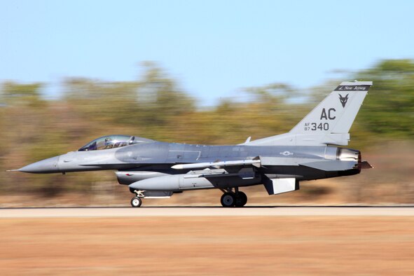 Pitch Black 2014 gets under way as an F-16 Fighting Falcon aircraft from the New Jersey Air National Guard taxis out at Royal Australian Air Force Base Tindal, Australia. The ANG unit is deployed to Australia from Kunsan Air Base, Republic of Korea. Pitch Black is the RAAF’s largest and most complex air exercise, traditionally held in the Northern Territory every two years. Exercise Pitch Black is being conducted from RAAF Bases Darwin and Tindal Aug. 1 through 22, 2014, featuring participants from Australia, the United States, New Zealand, Singapore, Thailand, United Arab Emirates and French Air Force (New Caledonia) who will cooperate for Offensive Counter Air (OCA) and Defensive Counter Air (DCA) missions. (Royal Australian Air Force photo by Cpl. David Gibbs/Released) 