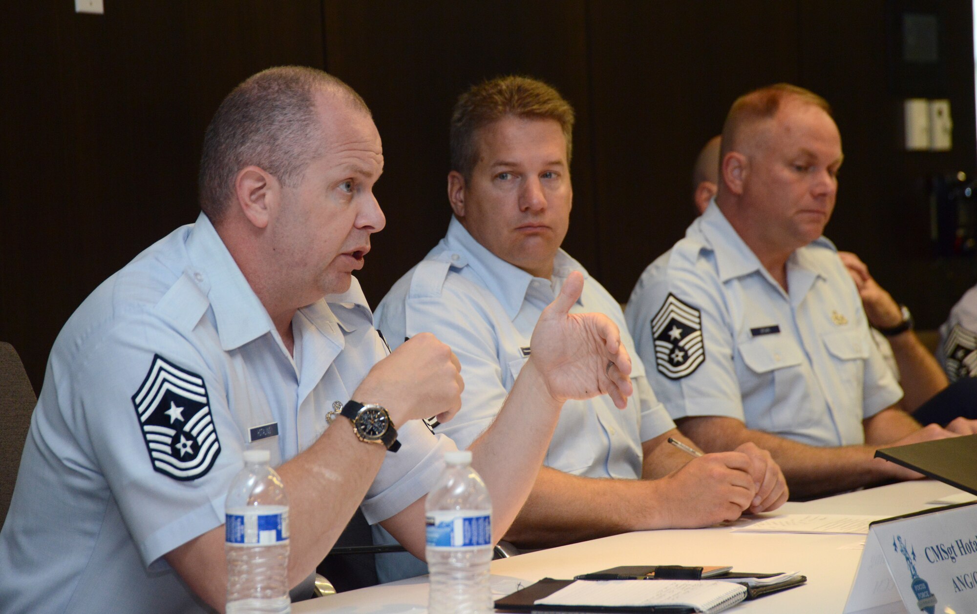 Command Chief Master Sergeant of the Air National Guard, James W. Hotaling responds to a question from the Air National Guard's 2014 Outstanding Airmen of the Year during the Enlisted Field Advisory Council meeting at the Air National Guard Readiness Center on Joint Base Andrews, Md., Aug. 5, 2014, as part of Focus on the Force week. The OAY Airmen bring the perspective of the 91,000 enlisted Airmen across the ANG to address challenges facing the enlisted force. (U.S. Air National Guard photo by Senior Airman John E. Hillier/Released)