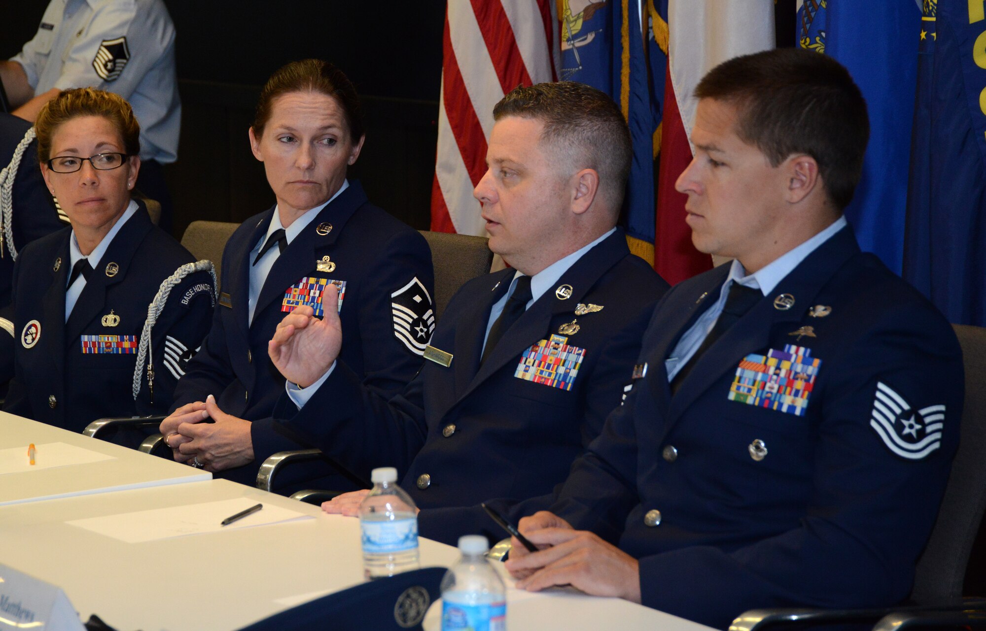 Master Sgt. Joseph Ashwood, The Air National Guard's 2014 Outstanding Senior Non-commissioned Officer of the Year, discusses the stresses many units face supporting extended periods of high operational tempo during the Enlisted Field Advisory Council meeting at the Air National Guard Readiness Center on Joint Base Andrews, Md., Aug. 5, 2014, as part of Focus on the Force week. The OAY Airmen bring the perspective of the 91,000 enlisted Airmen across the ANG to address challenges facing the enlisted force. (U.S. Air National Guard photo by Senior Airman John E. Hillier/Released)