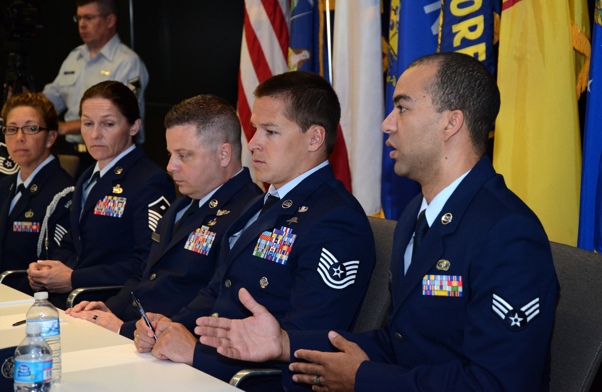 Senior Airman Christian Goldsmith, The Air National Guard's 2014 Outstanding Airman of the Year discusses challenges Airmen face using ANG educational benefits during the Enlisted Field Advisory Council meeting at the Air National Guard Readiness Center on Joint Base Andrews, Md., Aug. 5, 2014, as part of Focus on the Force week. The OAY Airmen bring the perspective of the 91,000 enlisted Airmen across the ANG to address challenges facing the enlisted force. (U.S. Air National Guard photo by Senior Airman John E. Hillier/Released)