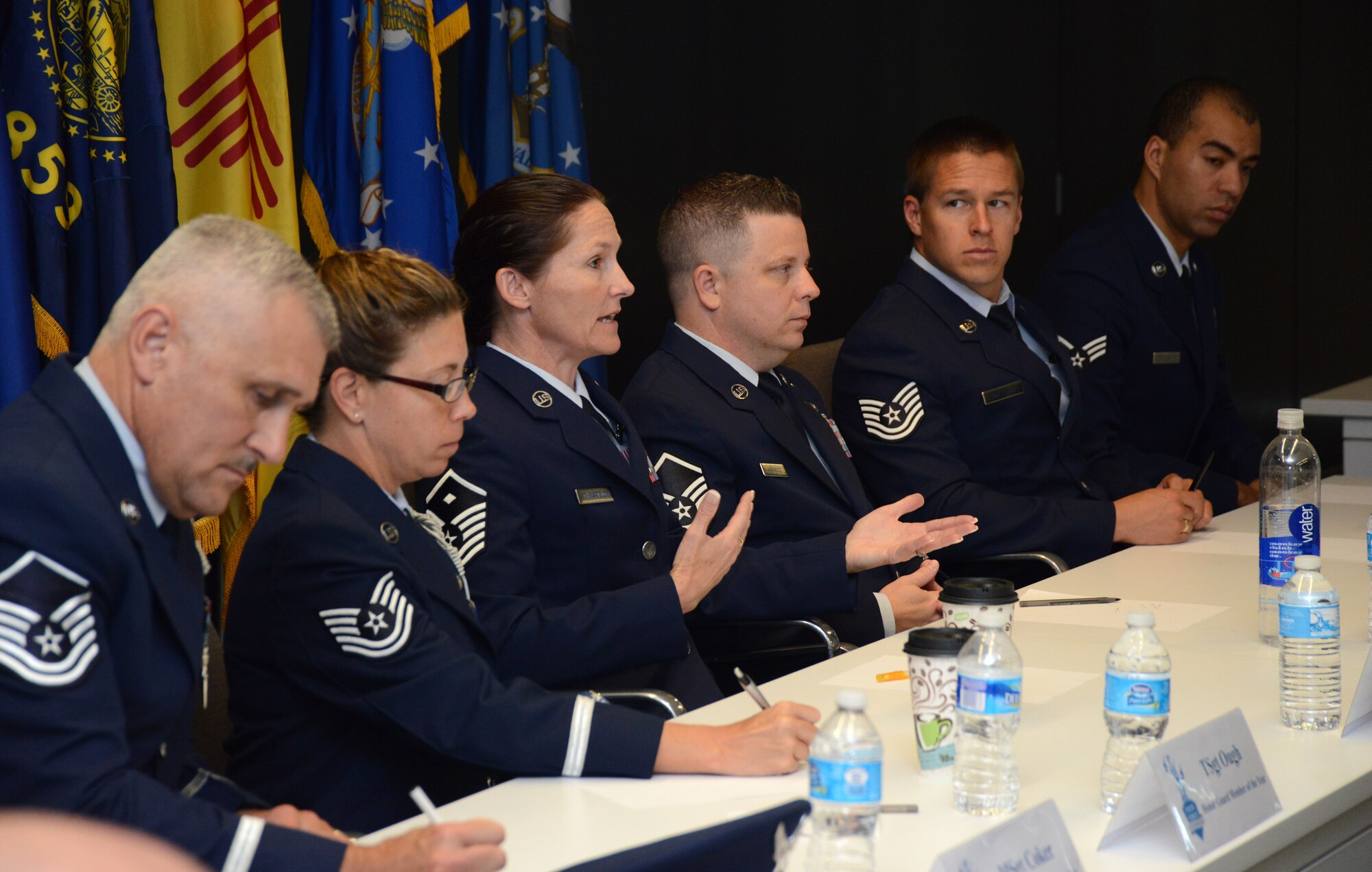 Master Sgt. Linda Schwartzlow, The Air National Guard's 2014 Outstanding First Sergeant of the Year discusses the challenge of connecting with younger Airmen during the Enlisted Field Advisory Council meeting at the Air National Guard Readiness Center on Joint Base Andrews, Md., Aug. 5, 2014, as part of Focus on the Force week. The OAY Airmen bring the perspective of the 91,000 enlisted Airmen across the ANG to address challenges facing the enlisted force. (U.S. Air National Guard photo by Senior Airman John E. Hillier/Released)