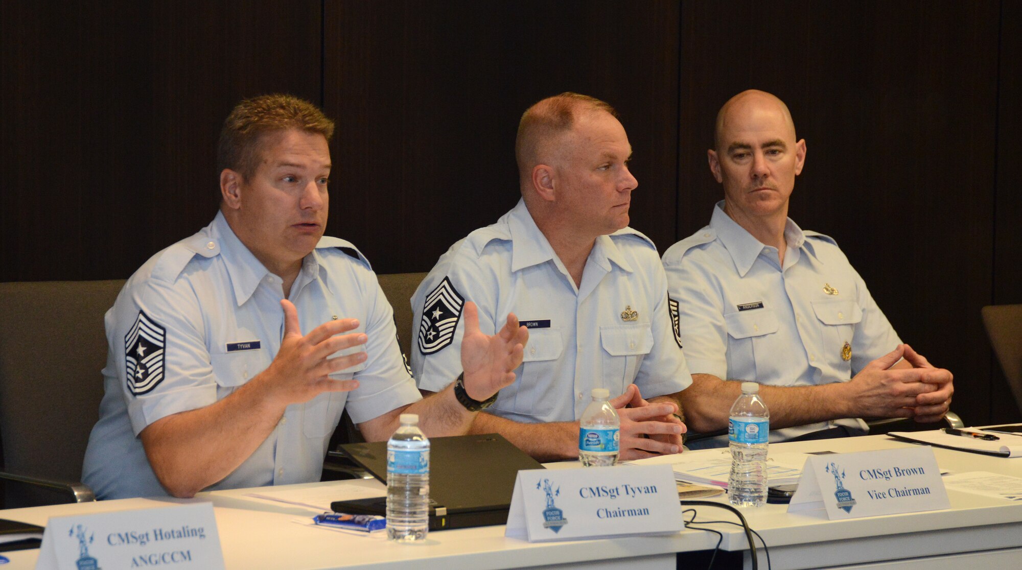 Chief Master Sgt. Timothy R. Tyvan, chairman of the Enlisted Field Advisory Council, speaks with the Air National Guard's Outstanding Airmen of the Year at the Air National Guard Readiness Center on Joint Base Andrews, Md., Aug. 5, 2014, as part of Focus on the Force week. The  OAY Airmen bring the perspective of the 91,000 enlisted Airmen across the ANG to the council in order to address challenges facing the enlisted force. (U.S. Air National Guard photo by Senior Airman John E. Hillier/Released)