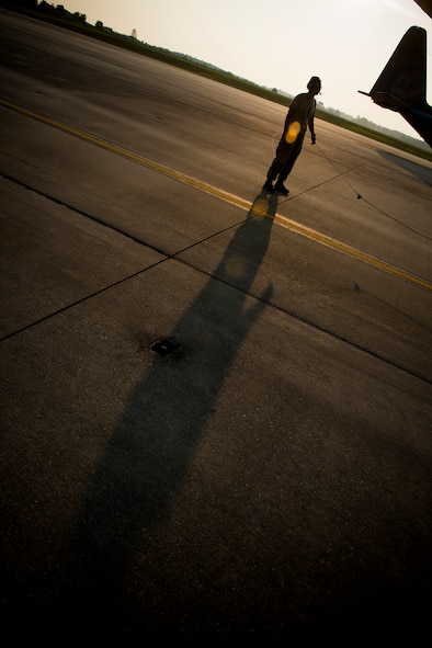 U.S. Air Force Staff Sgt. Anthony Eads, 723d Aircraft Maintenance Squadron dedicated crew chief, inspects HC-130P Combat King, tail number 64-4863, Aug. 6, 2014, at Moody Air Force Base, Ga. Eads became the aircraft’s assistant dedicated crew chief in 2010 and later its dedicated crew chief in 2012. (U.S. Air Force photo by Staff Sgt. Jamal D. Sutter/Released) 