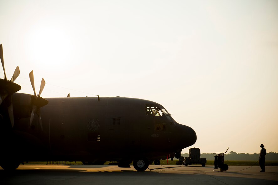 U.S. Air Force Staff Sgt. Anthony Eads, 723d Aircraft Maintenance Squadron dedicated crew chief, takes part in a pre-flight inspection of HC-130P Combat King, tail number 64-4863, before its final flight on the morning of Aug. 6, 2014, at Moody Air Force Base, Ga. Members of the 71st Rescue Squadron flew the retiring aircraft to Davis-Monthan Air Force Base, Ariz., where it’s planned to spend the rest of its days. (U.S. Air Force photo by Staff Sgt. Jamal D. Sutter/Released)