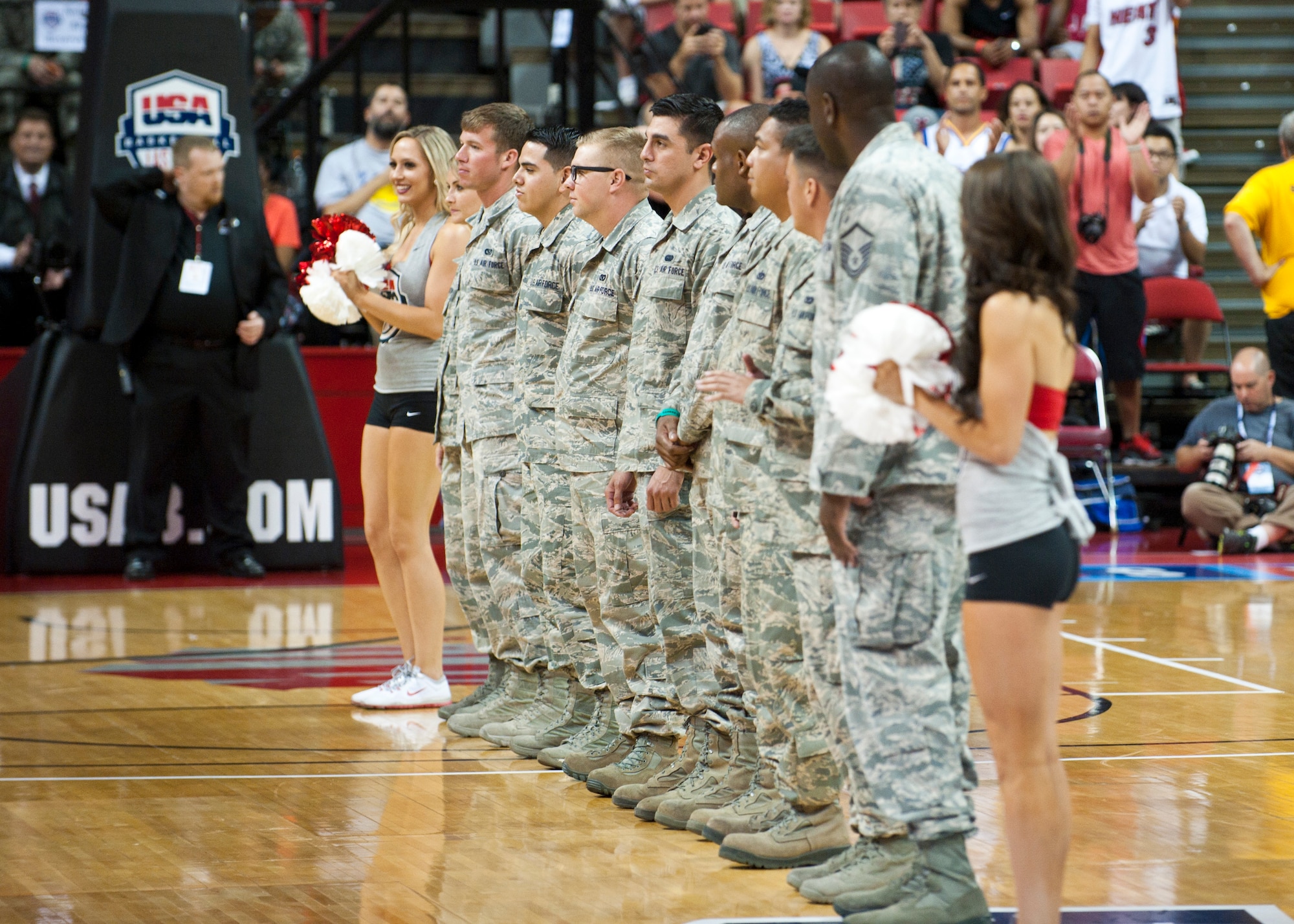 Nellis Air Force Base Airmen, who recently returned from deployment, were recognized for their efforts during a time out at a USA Basketball Men’s National Team intra-squad scrimmage at the Thomas and Mack center in Las Vegas, August 1, 2014. The Airmen are returning from deployments to Southwest Asia. (U.S. Air Force photo by Airman 1st Class Thomas Spangler)