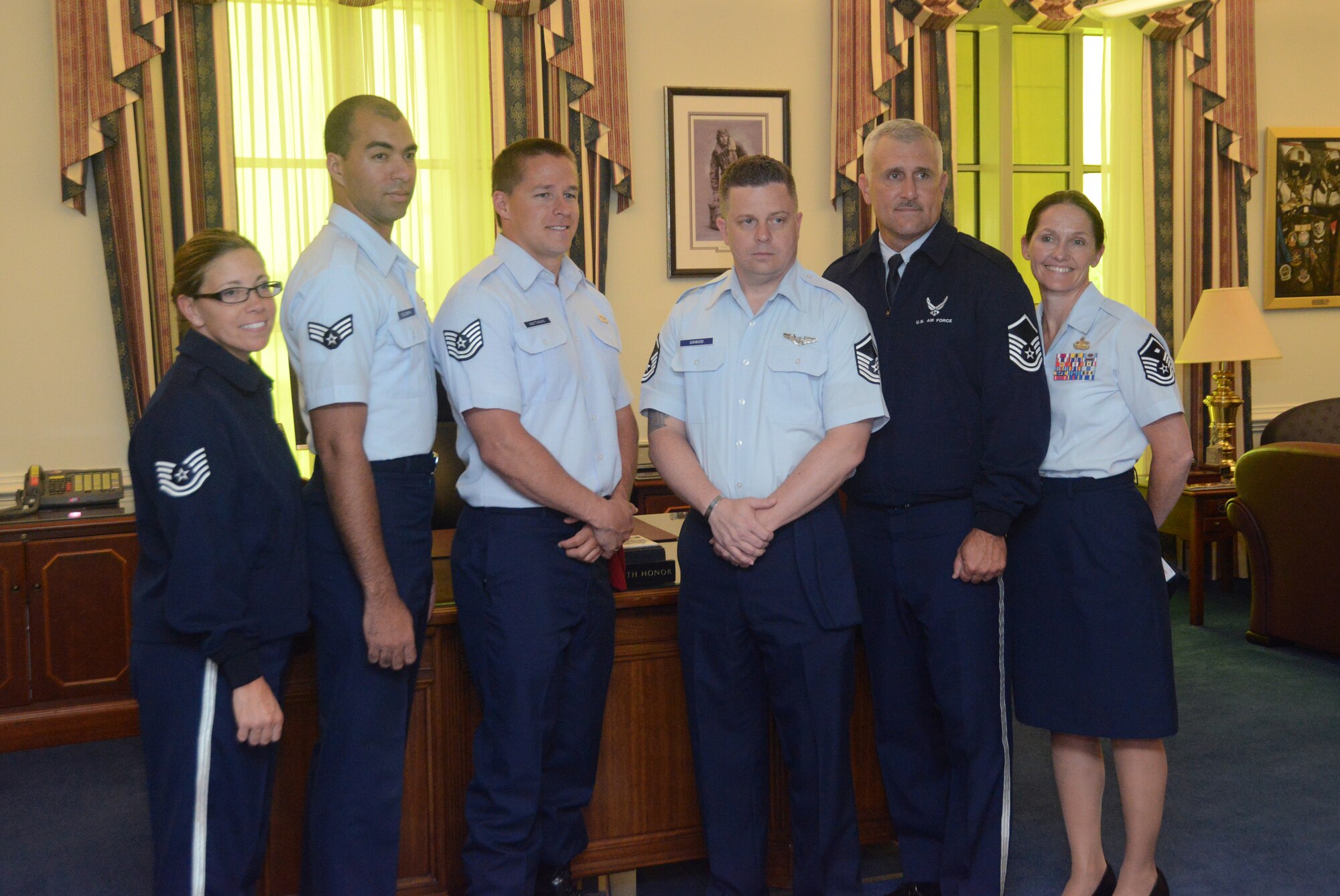The Air National Guard's Outstanding Airmen of the Year visit Air Force Chief of Staff Gen. Mark A. Welsh III's office during their tour of the Pentagon August 4, 2014. The Airmen are in the National Capitol Region for Focus on the Force Week, highlighting the ANG's enlisted force. (U.S. Air National Guard photo by Senior Airman John E. Hillier/Released)