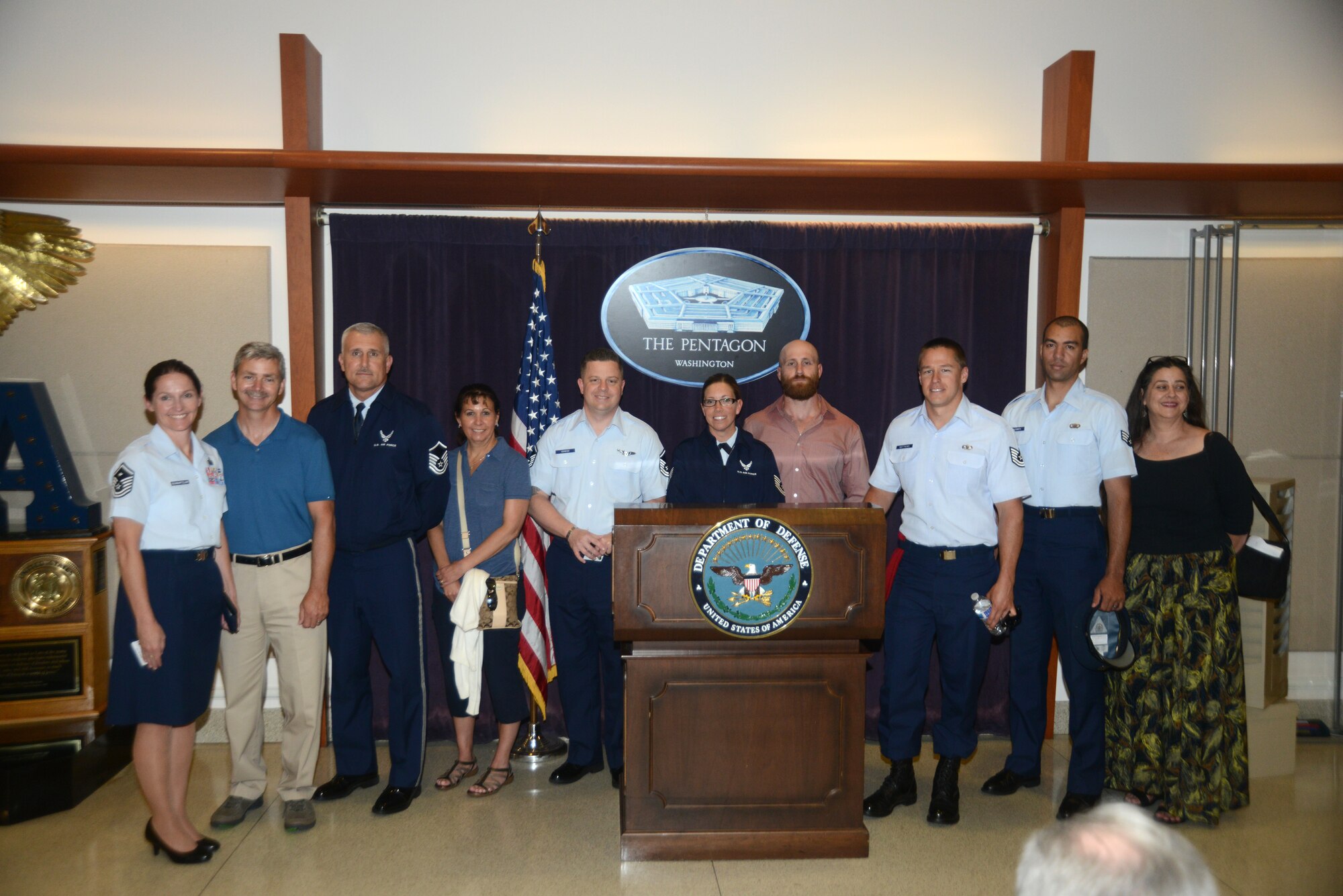 The Air National Guard's Outstanding Airmen of the Year and their family members received a behind the scenes tour of the Pentagon August 4, 2014. The Airmen are in the National Capitol Region for Focus on the Force Week, highlighting the ANG's enlisted force. (U.S. Air National Guard photo by Senior Airman John E. Hillier/Released)