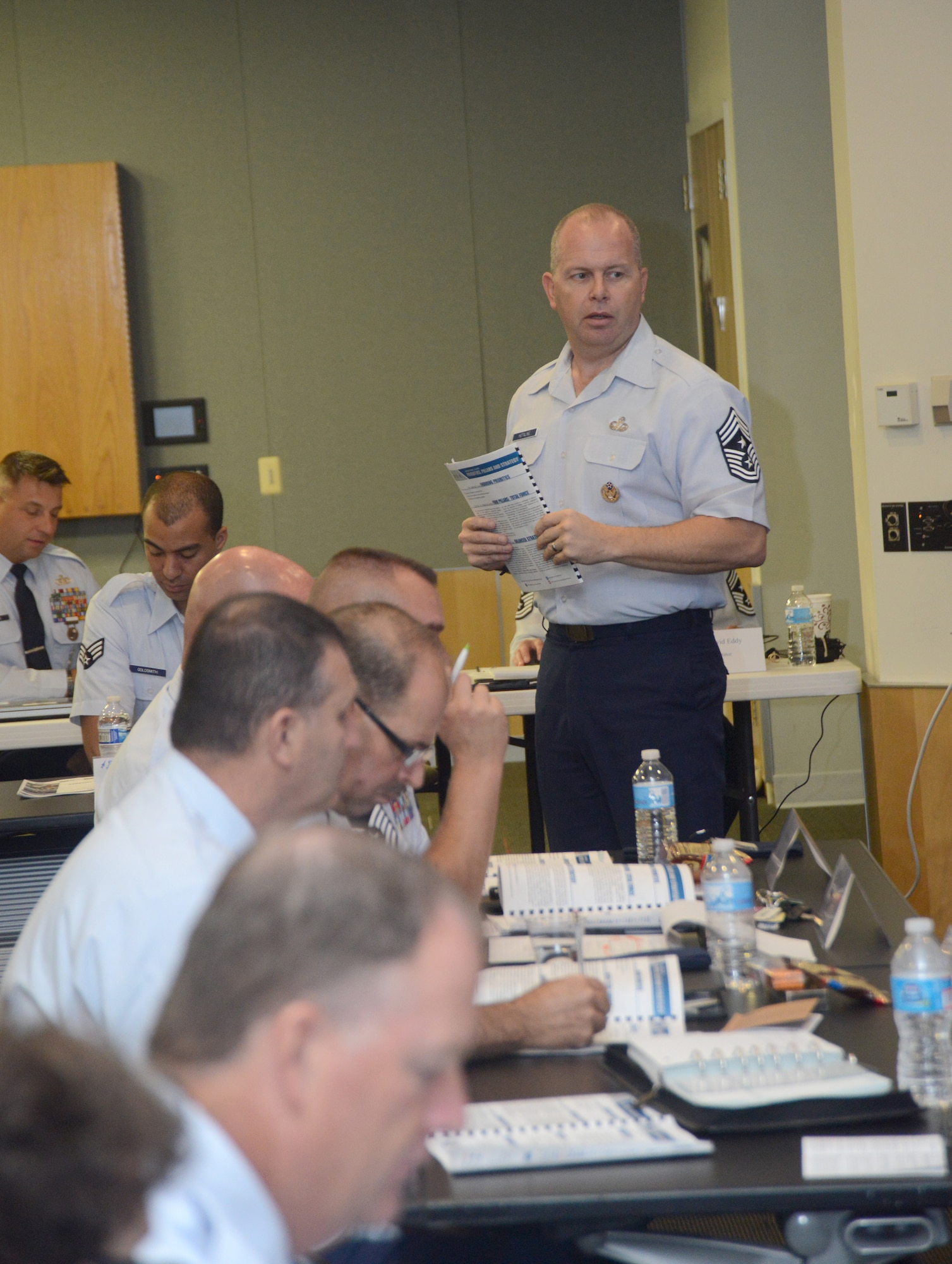 Air National Guard Command Chief James W. Hotaling discusses his Aim Points with the Chief's Executive Course at the Air National Guard Readiness Center on Joint Base Andrews, Md. The course, part of Focus on the Force Week, is designed to introduce newly-promoted chief master sergeants to their new roles. (U.S. Air National Guard photo by Senior Airman John E. Hillier/Released)