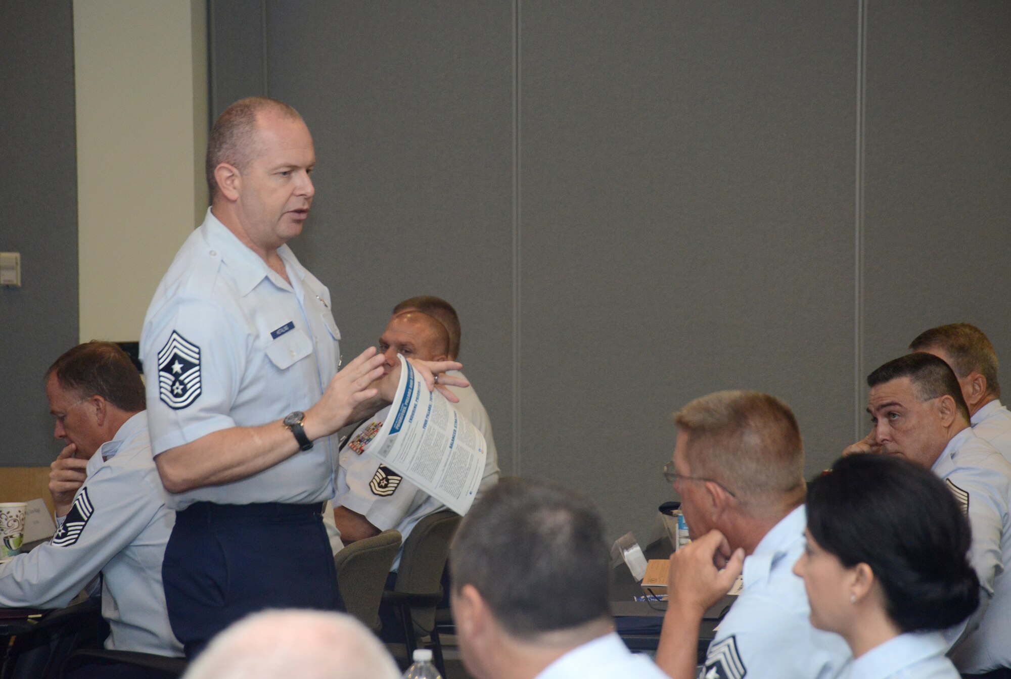 Air National Guard Command Chief James W. Hotaling discusses his Aim Points with the Chief's Executive Course at the Air National Guard Readiness Center on Joint Base Andrews, Md. The course, part of Focus on the Force Week, is designed to introduce newly-promoted chief master sergeants to their new roles. (U.S. Air National Guard photo by Senior Airman John E. Hillier/Released)