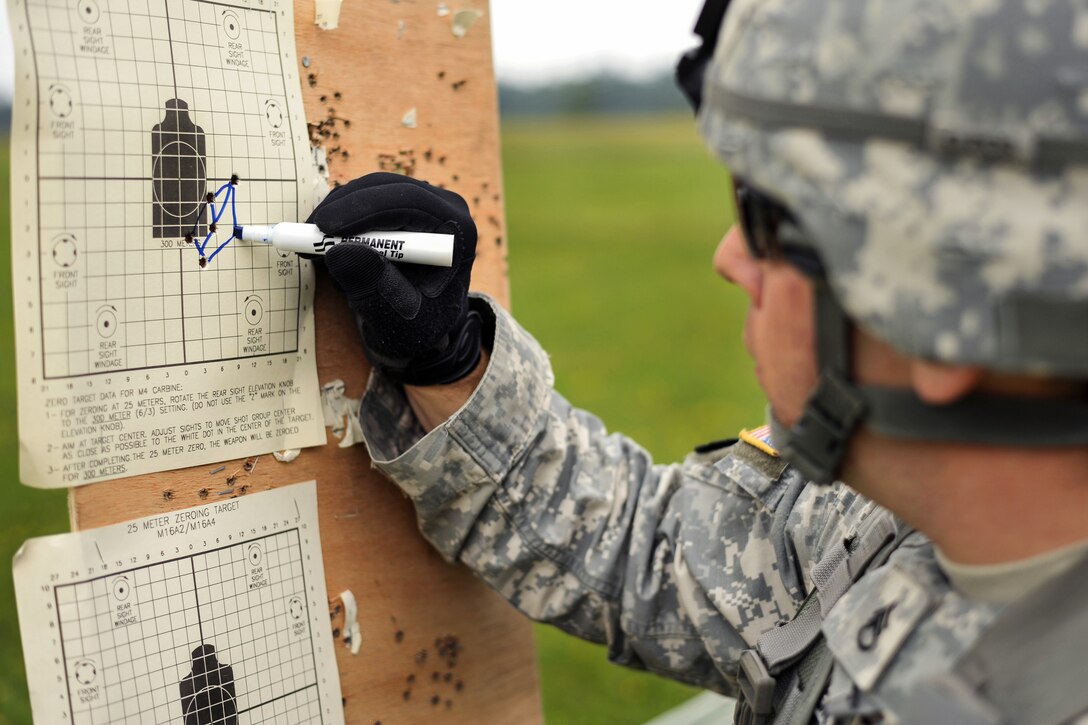 U.S. Army Staff Sgt. David Bordbar reviews and marks a target during M4 carbine rifle qualification on Grafenwoehr Training Area, Germany, July 30, 2014. Bordbar is assigned to Regimental Engineer Squadron, 2nd Cavalry Regiment.