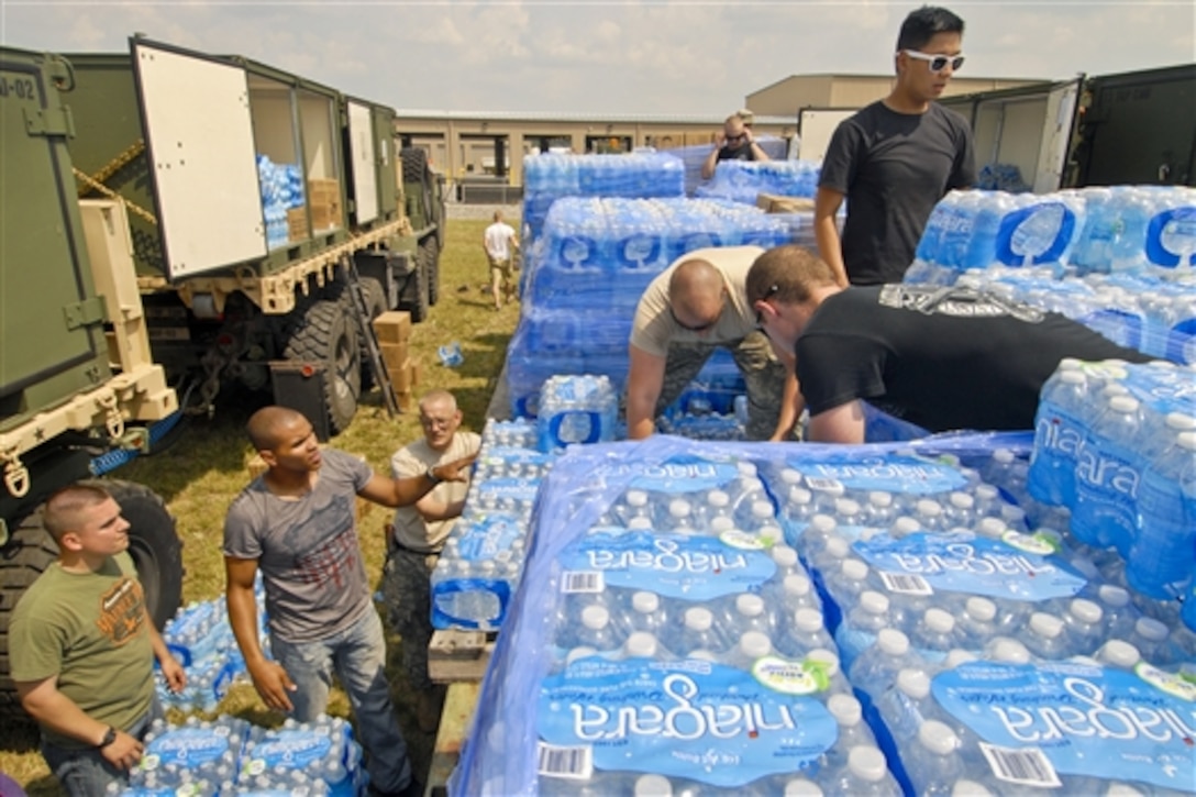 Soldiers package bottled water for distribution sites throughout Toledo, Ohio, Aug.3, 2014. Ohio Gov. John Kasich declared a state of emergency after an algae bloom in Lake Erie contaminated the area's public water system. The soldiers are assigned to the Ohio National Guard's 73rd Troop Command. 