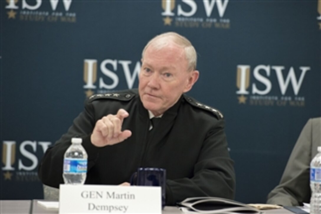 Army Gen. Martin E. Dempsey, chairman of the Joint Chief of Staff, delivers remarks to Institute for the Study of War Hertog War Studies students in Washington D.C., Aug. 6, 2014.