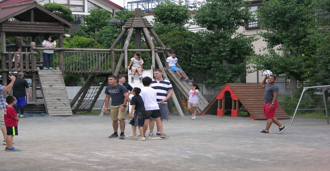 Marines volunteer at Seishin Children’s home in Japan on August 23, 2014.  Volunteer is part of Camp Fuji’s community relations with the local Japanese.  The children enjoyed playing soccer, tag, and jump rope with the Camp Fuji Marines.
