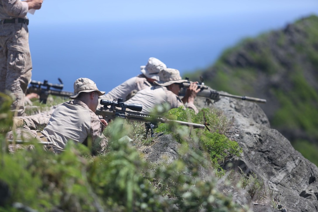 Marines with the 11th Marine Expeditionary Unit’s Reconnaissance Detachment, execute a high angle sniper range during their WESTPAC deployment on Marine Corps Base Hawaii, July 31, 2014. The 11th MEU and Makin Island Amphibious Ready Group are deploying as a sea-based, expeditionary crisis response force capable of conducting amphibious missions across the full range of military operations. (U.S. Marine Corps photo by Lance Cpl. Evan R. White/Released)
