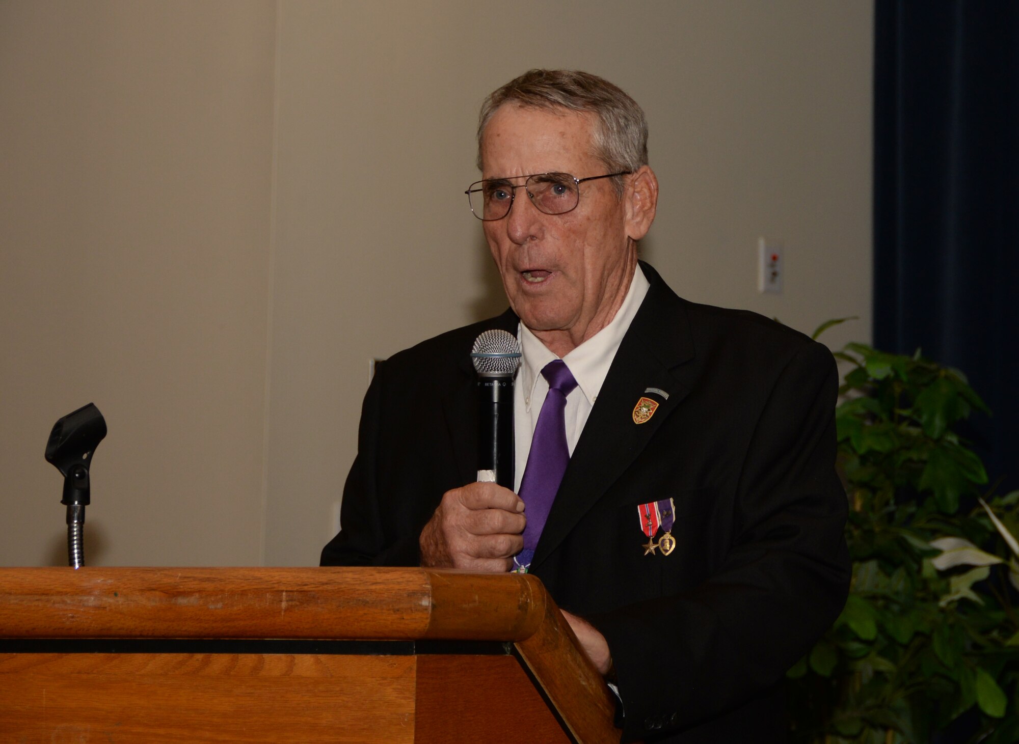 Retired Army Master Sgt. Dale Jennings recounts his tour in Vietnam at Khe Sanh dure a heritage event at the Freedom Community Center, Aug. 7, 2014. Jennings spent 17 months during his three tours in Vietnam as a member of the U.S. Army 1st Special Forces Group. (U.S. Air Force photo by Airman 1st Class Nathan Clark/Released)