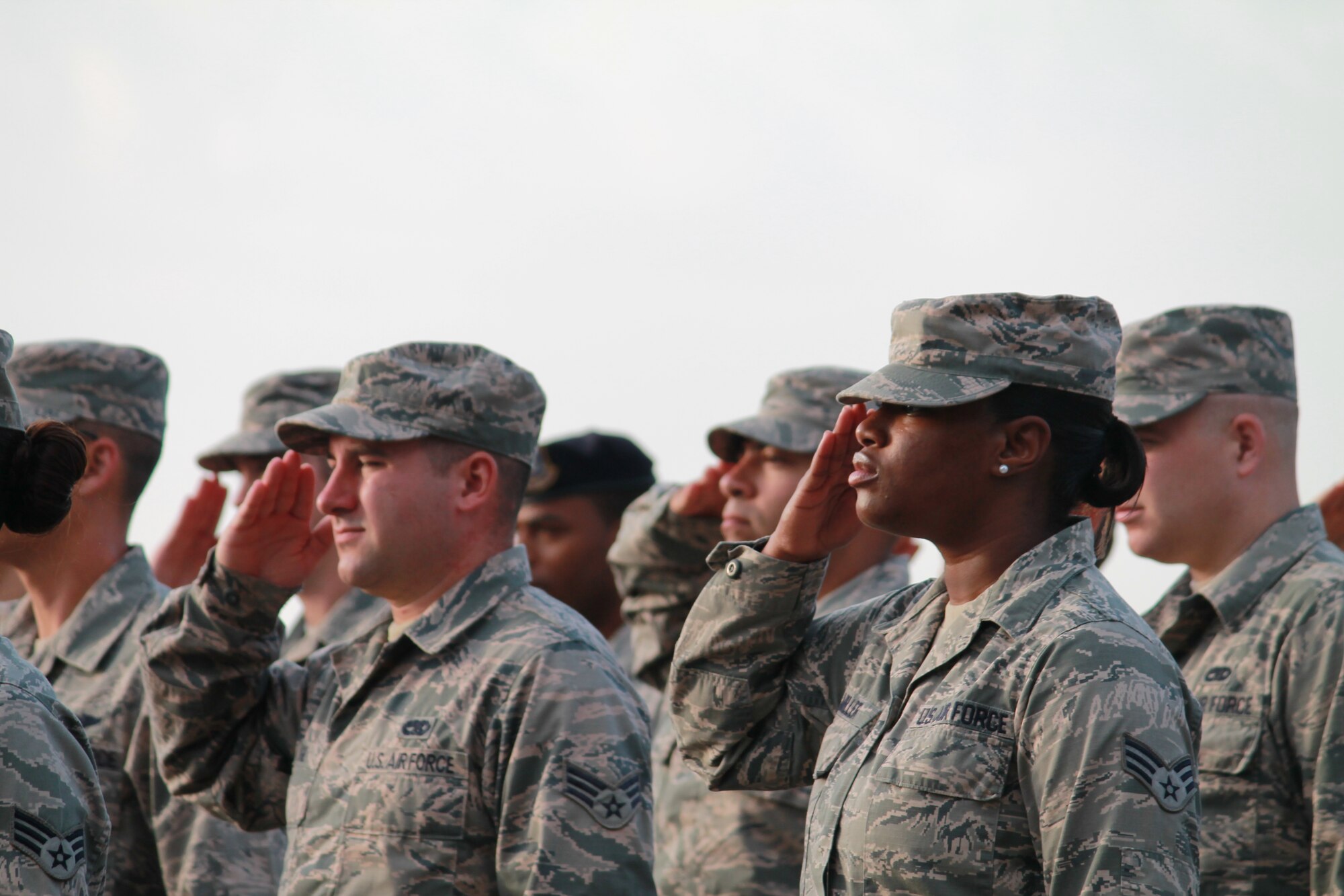 Students salute during Reveille while attending Airman Leadership School at Little Rock Air Force Base, Ark. The students at ALS conduct Reveille and Retreat ceremonies to re-instill military tradition and enlisted heritage. (Courtesy photo)