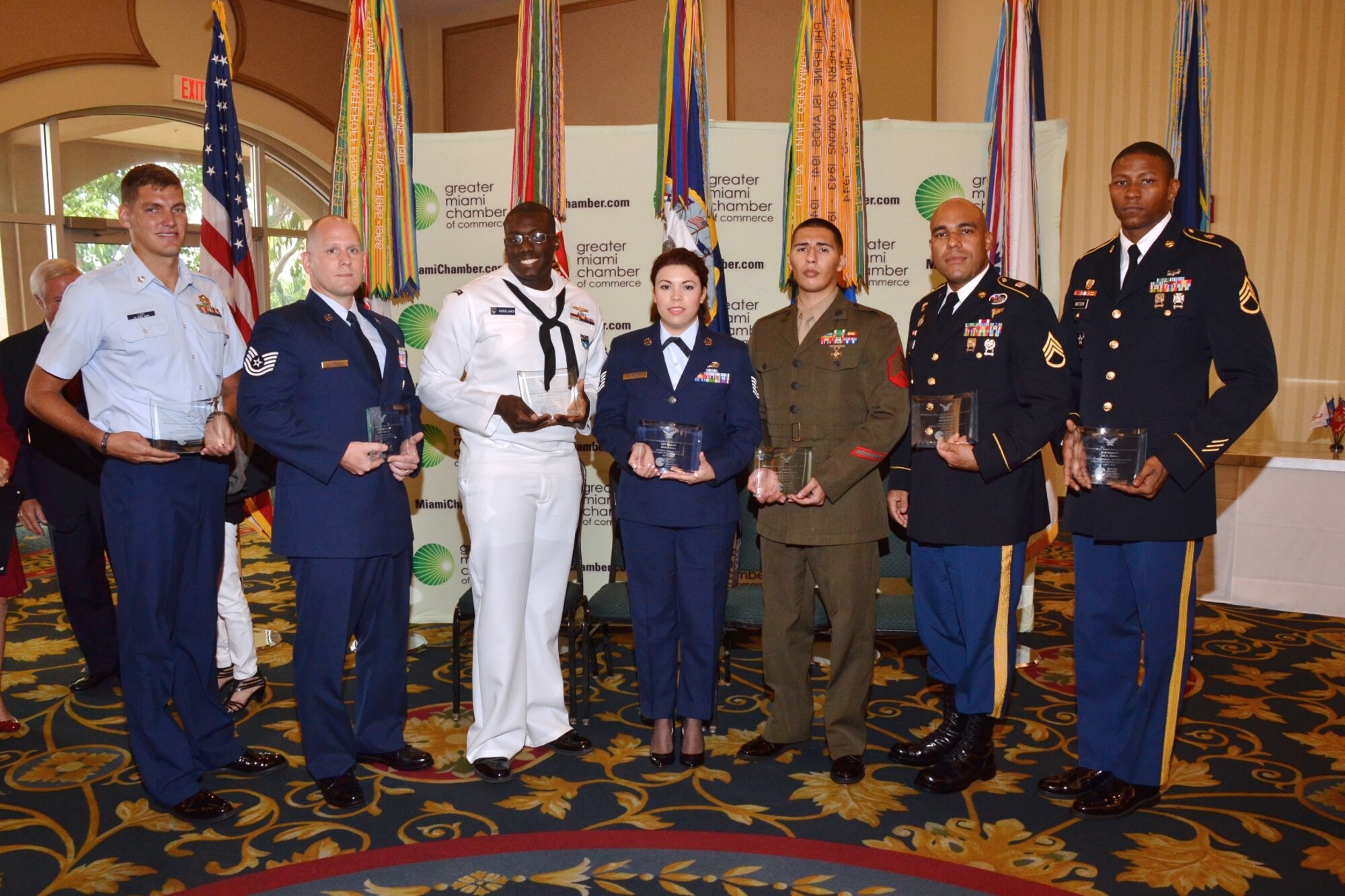 Service members come together in award ceremony to be recognized military personal for their contributions to the community through voluntary or charitable service. These members were selected based on their service to the community.   (Courtesy photo)
