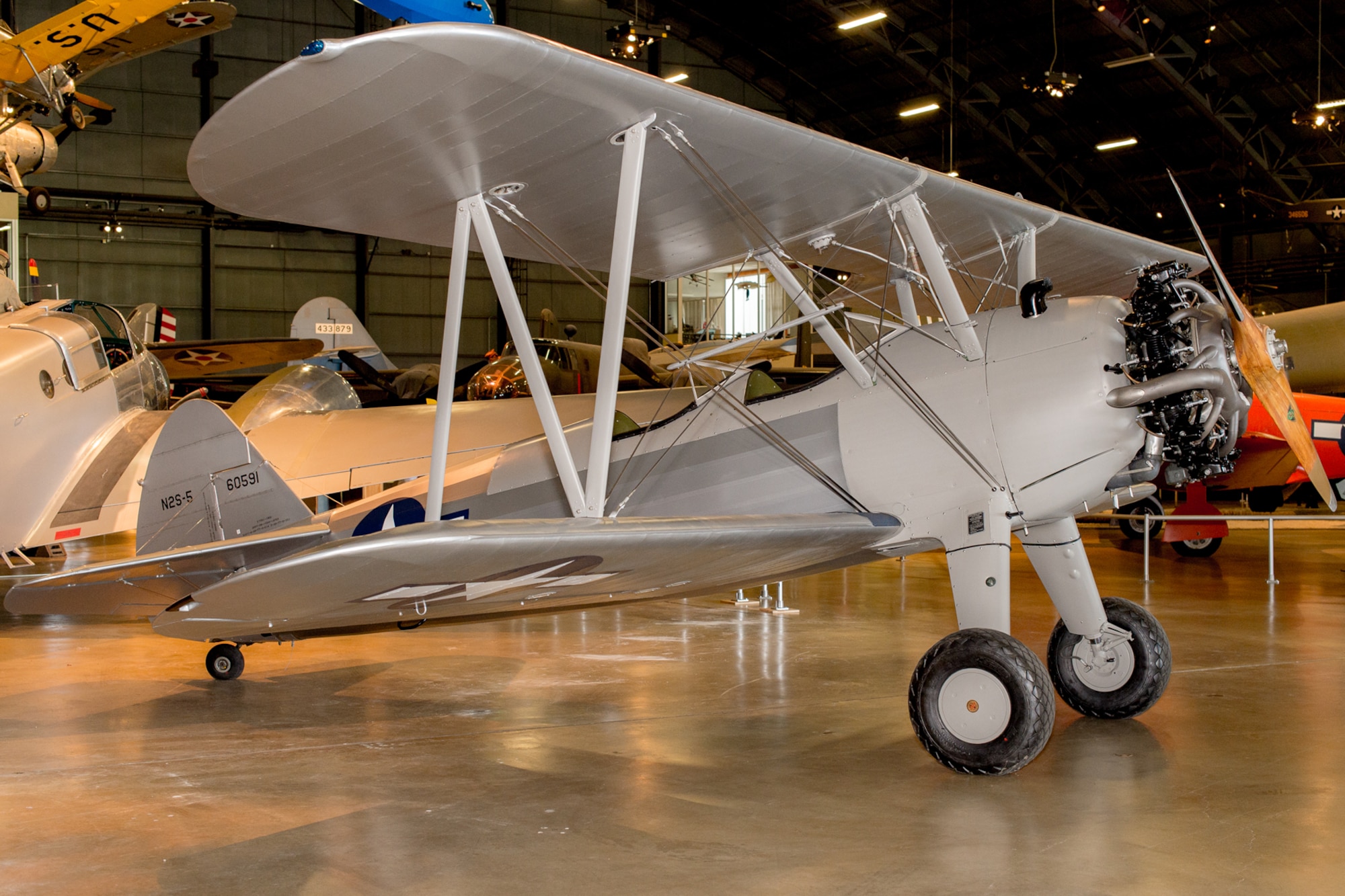 DAYTON, Ohio -- Stearman PT-13D Kaydet in the World War II Gallery at the National Museum of the United States Air Force. (U.S. Air Force photo by Jim Copes)
