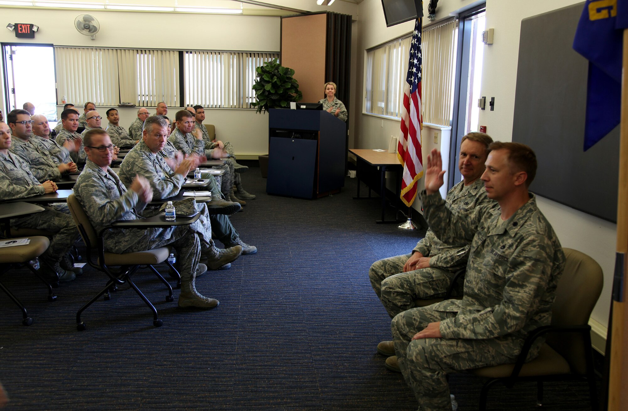 TRAVIS AIR FORCE BASE, Calif. -- Lt. Col. Timothy Michel assumed command of the 55th Aerial Port Squadron in a ceremony officiated by Col. Stuart Toft, 349th Mission Support Group commander, July 26, 2014 at Travis Air Force Base, Calif.  (U.S. Air Force photo/Lt.Col. Robert Couse-Baker)