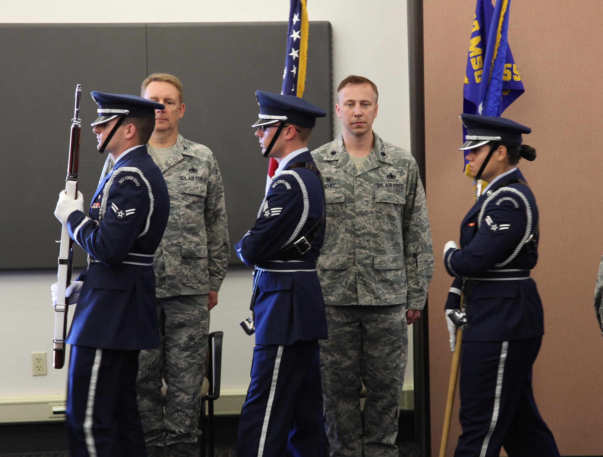 TRAVIS AIR FORCE BASE, Calif. -- Lt. Col. Timothy Michel assumed command of the 55th Aerial Port Squadron in a ceremony officiated by Col. Stuart Toft, 349th Mission Support Group commander, July 26, 2014 at Travis Air Force Base, Calif.  (U.S. Air Force photo/Lt.Col. Robert Couse-Baker)