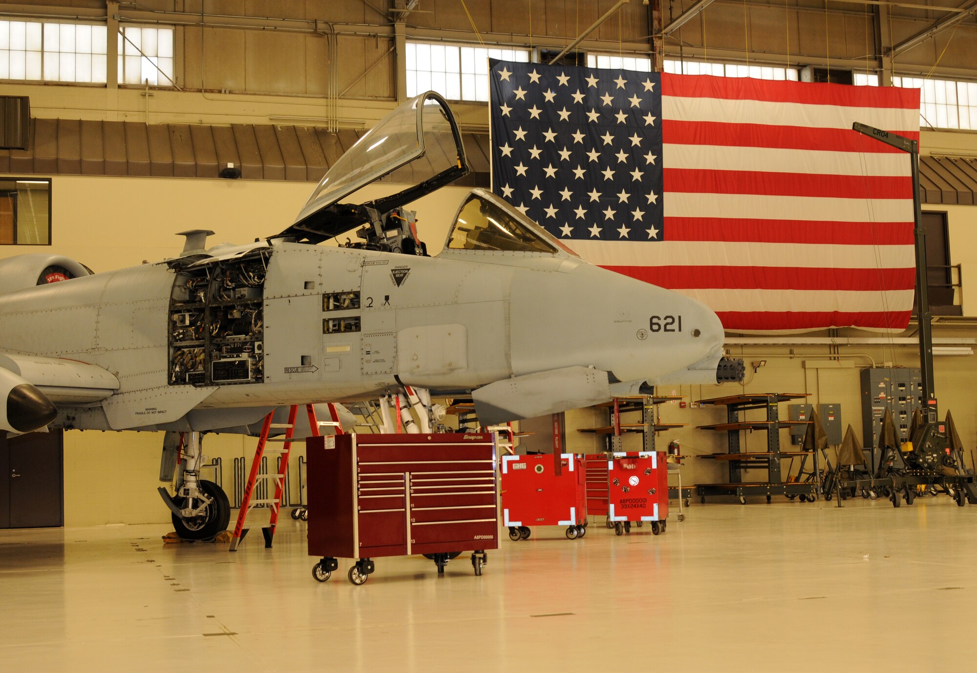 An A-10C Thunderbolt II "Warthog" (aircraft Tail No. 621) is parked inside the main hangar at Ebbing Air National Guard Base, Fort Smith, Arkansas. It was the second to last aircraft to receive a phase inspection at the 188th. After 60 years of a manned flying mission, the 188th Wing is currently converting to a remote piloted aircraft and intelligence, surveillance and reconnaissance mission. (U.S. Air National Guard photo by Tech. Sgt. Josh Lewis/released)