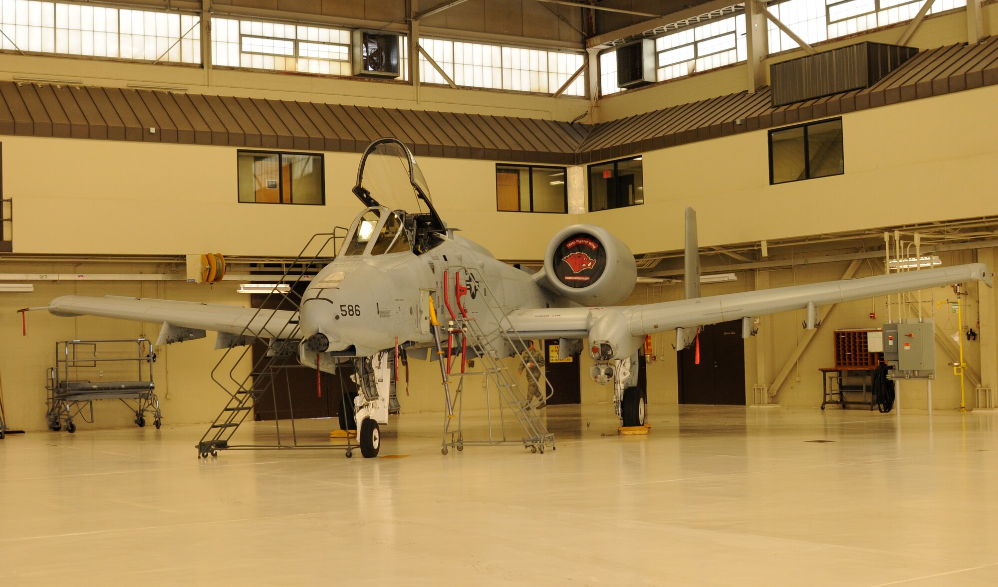 An A-10C Thunderbolt II "Warthog" (aircraft Tail No. 621) is parked inside the main hangar at Ebbing Air National Guard Base, Fort Smith, Arkansas. It was the second to last aircraft to receive a phase inspection at the 188th. After 60 years of a manned flying mission, the 188th Wing is currently converting to a remote piloted aircraft and intelligence, surveillance and reconnaissance mission. (U.S. Air National Guard photo by Tech. Sgt. Josh Lewis/released)
