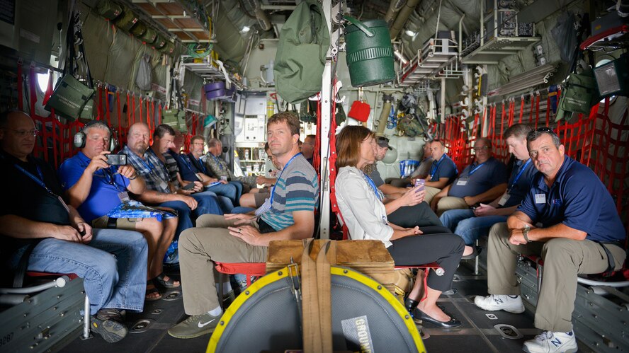 Civilian employers of 934th Airlift Wing Reservists wait for takeoff aboard a C-130 aircraft during Employers' Day Aug. 2.  The annual event allows employers to see what their employees do during Unit Training Assembly weekends, learn more about the Reserve mission and gain a greater understanding of what it means for their employee(s) to be a member of the 934 AW.  (U.S. Air Force photo/Staff Sgt. Trevor Saylor)