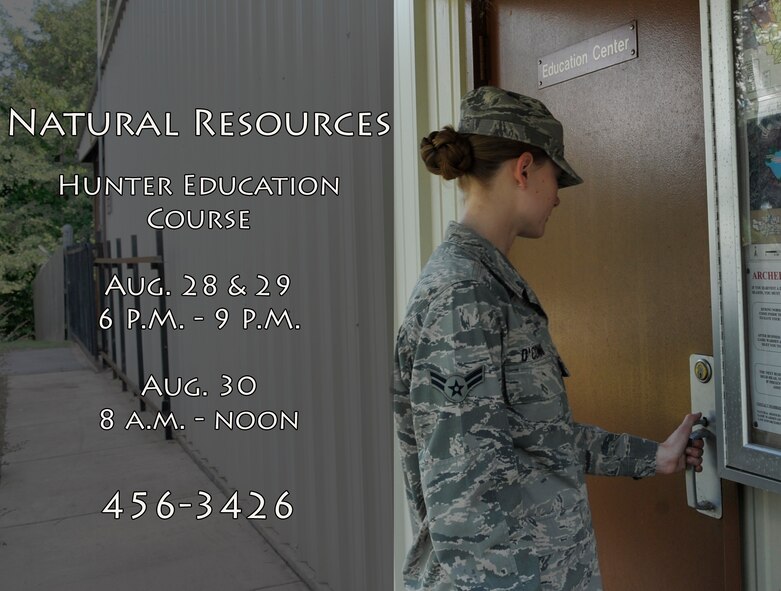 Airman 1st Class Lauren O'Connor, 2nd Bomb Wing Public Affairs broadcast journalist, enters the Natural Resources education center where the Hunter Education Course is scheduled to be held later this month. The 10-hour Louisiana Hunter Education classroom course covers orientation, environmental hazards and situations, hunter ethics and firearm safety. (US Air Force photo illustration/Airman 1st Class Benjamin Raughton)